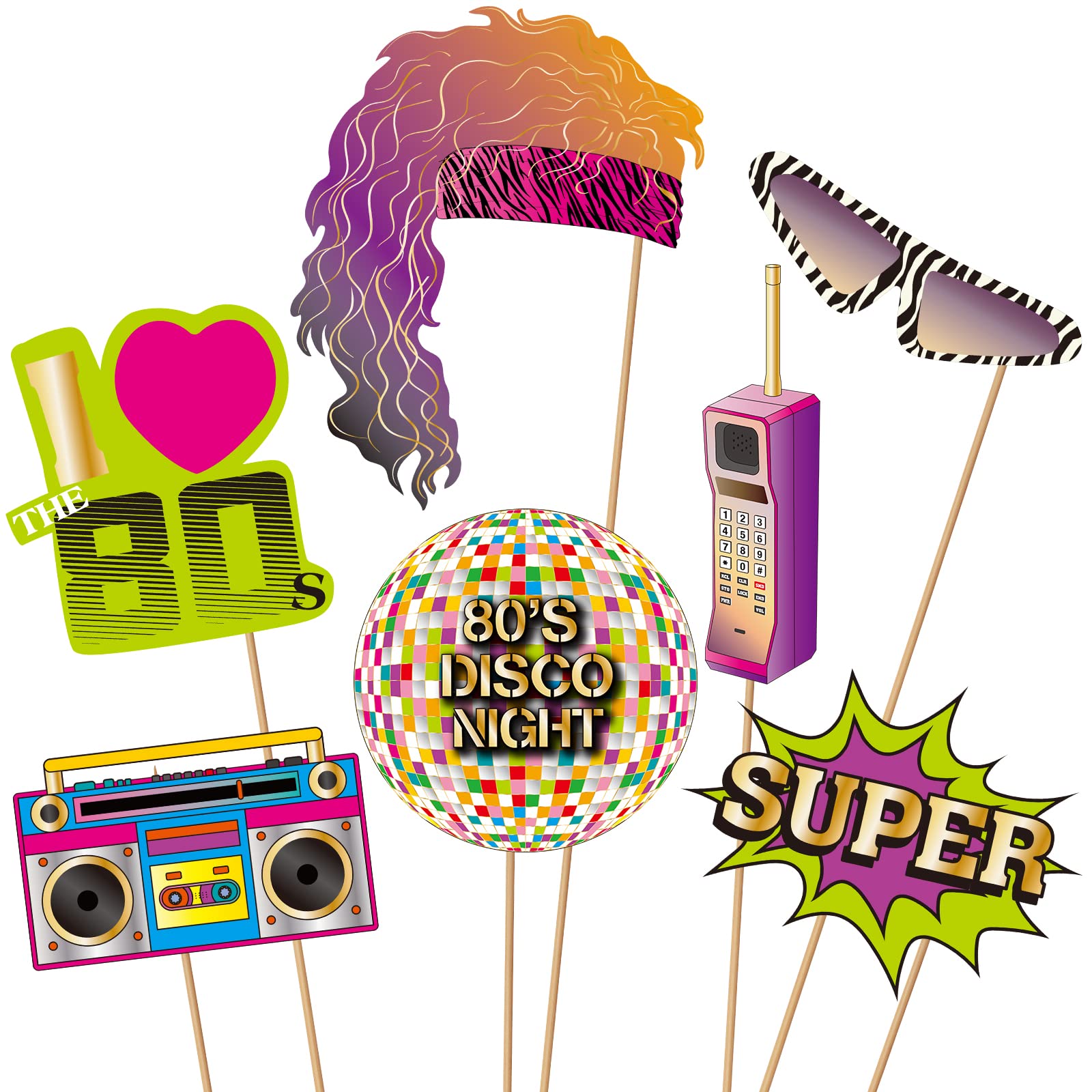 Brt Bearingshui 80S Photo Booth Props, Retro 80'S Photo Prop Set, Throwback 80'S Photo Booth Prop Set 1980'S Theme Party Decorat