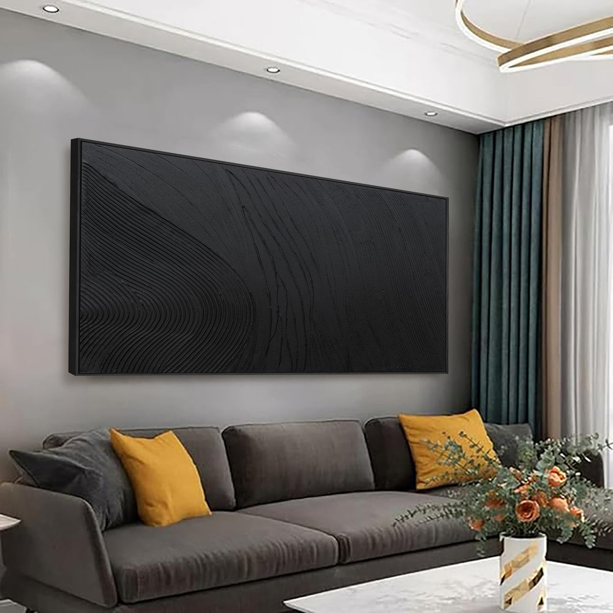 Abstract Canvas Wall Art Modern Abstract Artwork Canvas Hand Painted Black Line Texture Framed Canvas Picture Contemporary Wall