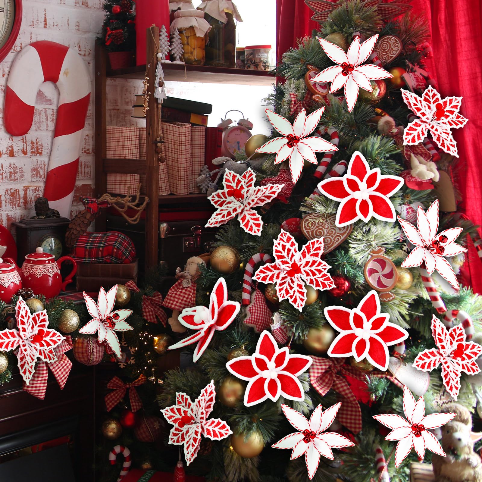 Bucherry 12 Pcs Red and White Christmas Ornaments Tree Decorations, Silk Christmas Poinsettia Artificial Flowers with Clips Stem