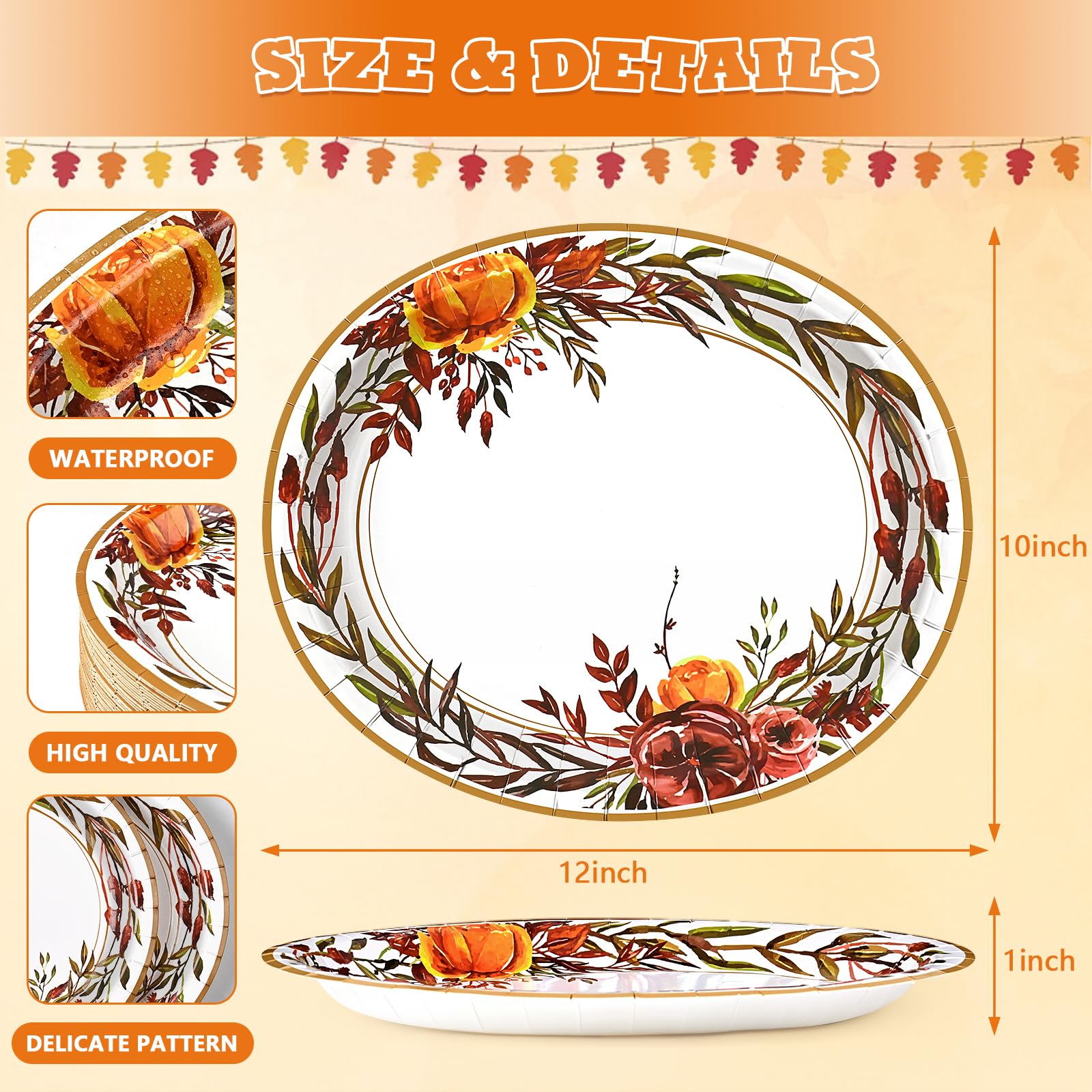 Homlouue 50 PCS 10  12inch Thanksgiving Paper Plates, Autumn Flower Wreath Oval Plate, Fall Paper Plates Disposable for Fall Tha