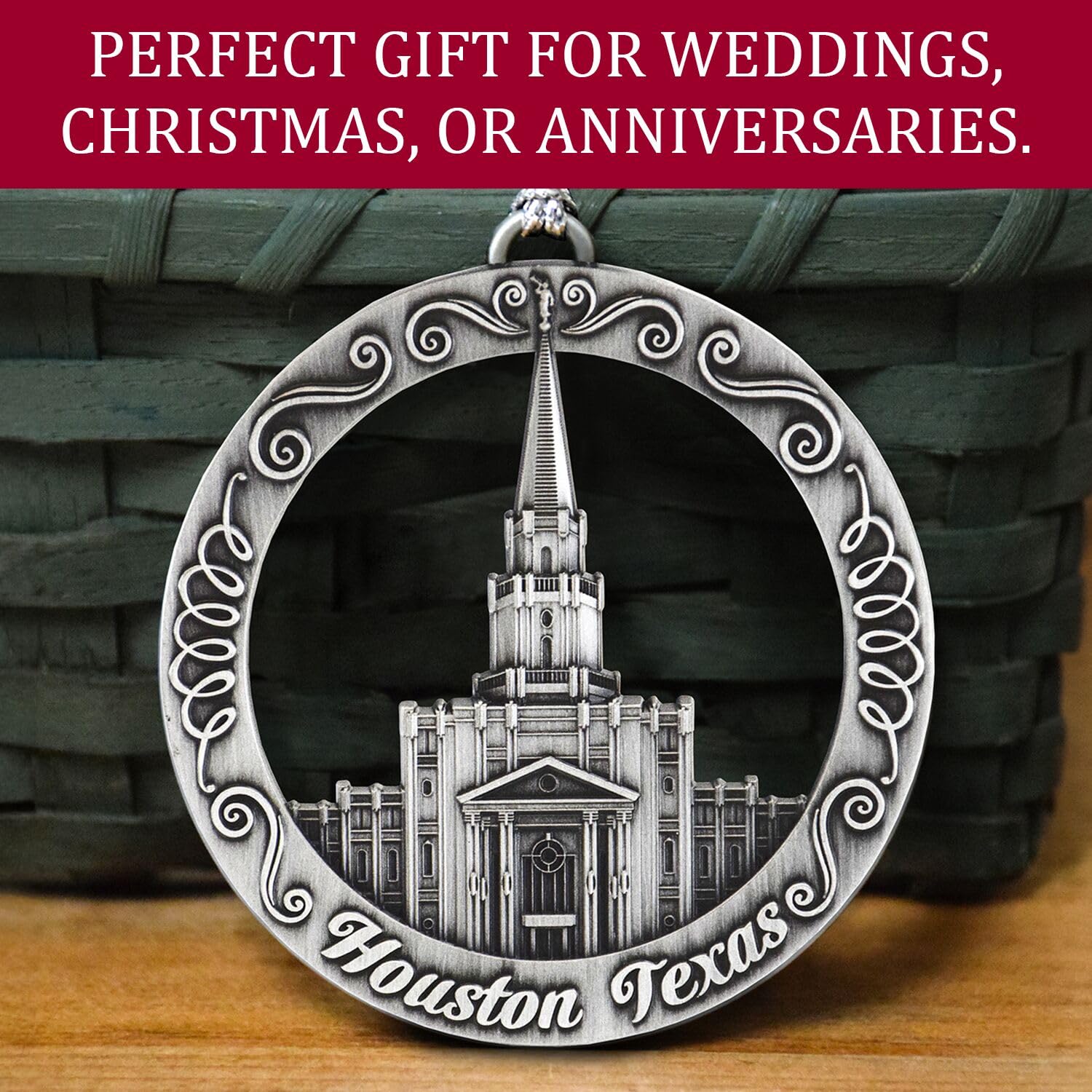LDS Temple Ornament by Ringmasters | Antique Silver-Finish Hanging Ornament | LDS Missionary Ornament Exchange Ideas, (Houston T