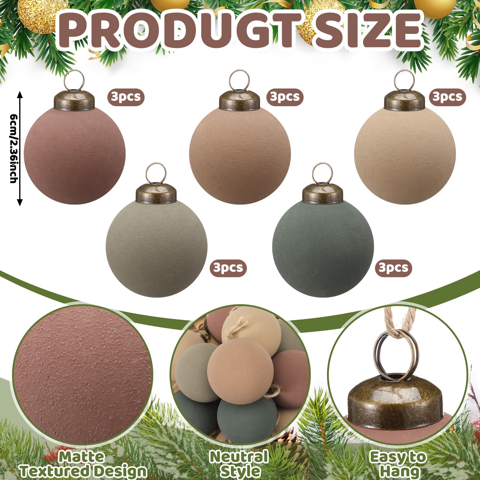 15 Pcs Neutral Matte Christmas Ball Ornaments 2.36'' Textured Rustic Boho Brown Taupe Pine Green Xmas Ball Ornaments Modern Chri
