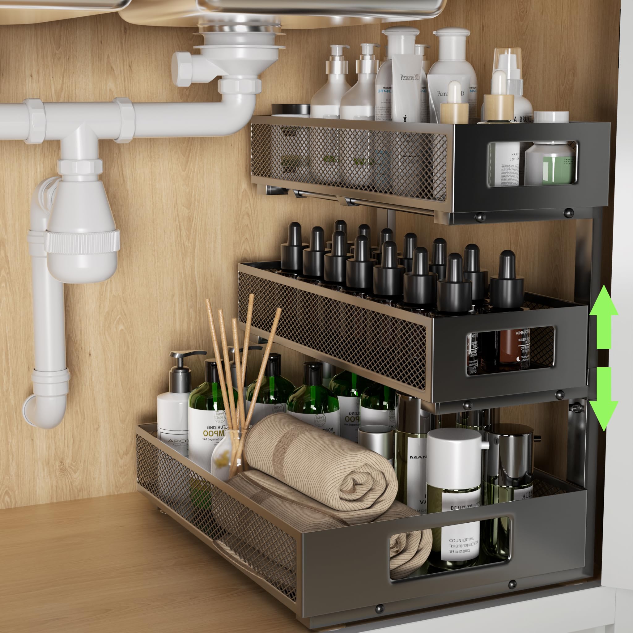 Under Sink Organizer, 3Tier Height Adjustable Pull Out Cabinet Organizer