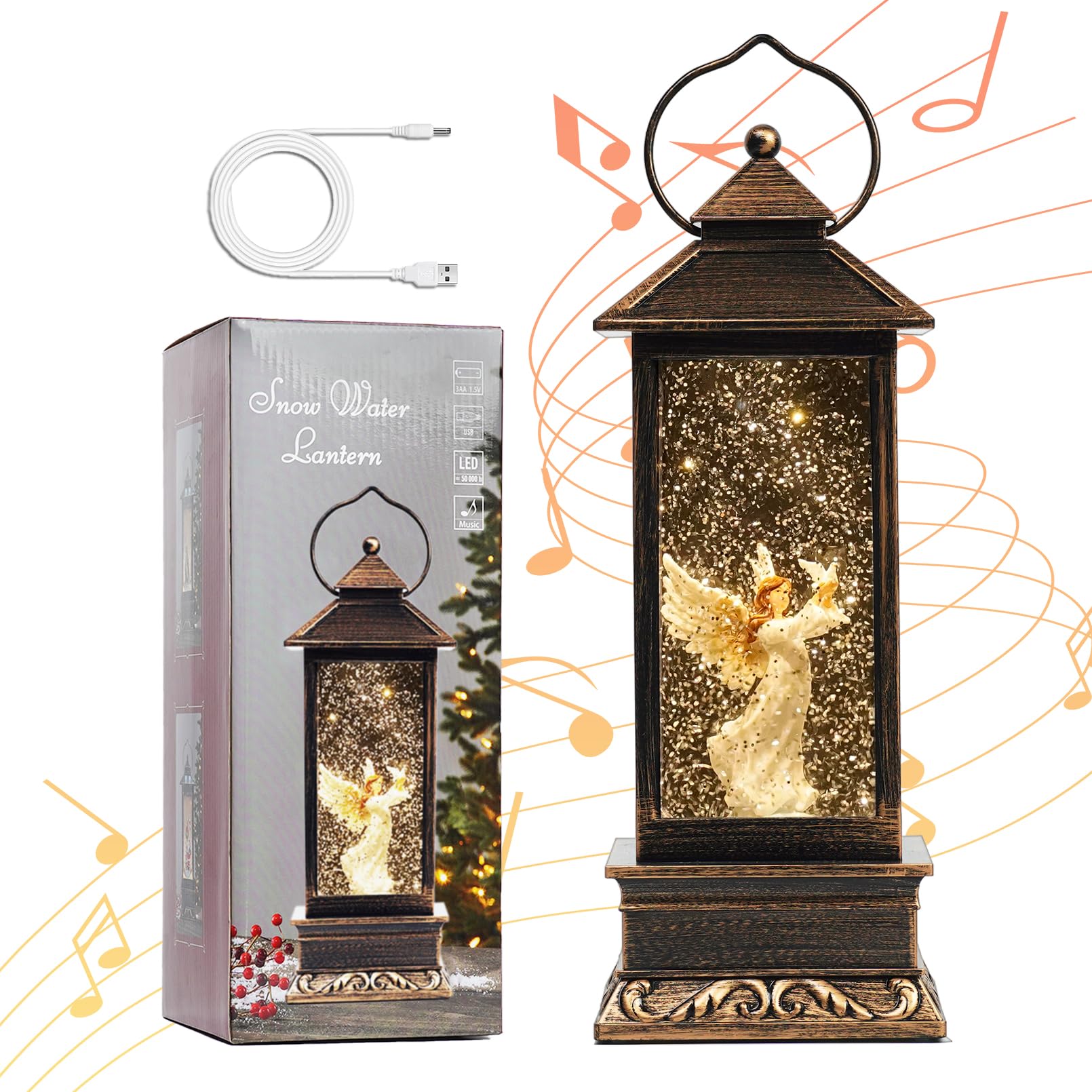 12 Christmas Snow Globe Lantern with Angel and Dove - Water Glittering LED Light Lantern with Music - Vintage Xmas Angel Gifts -