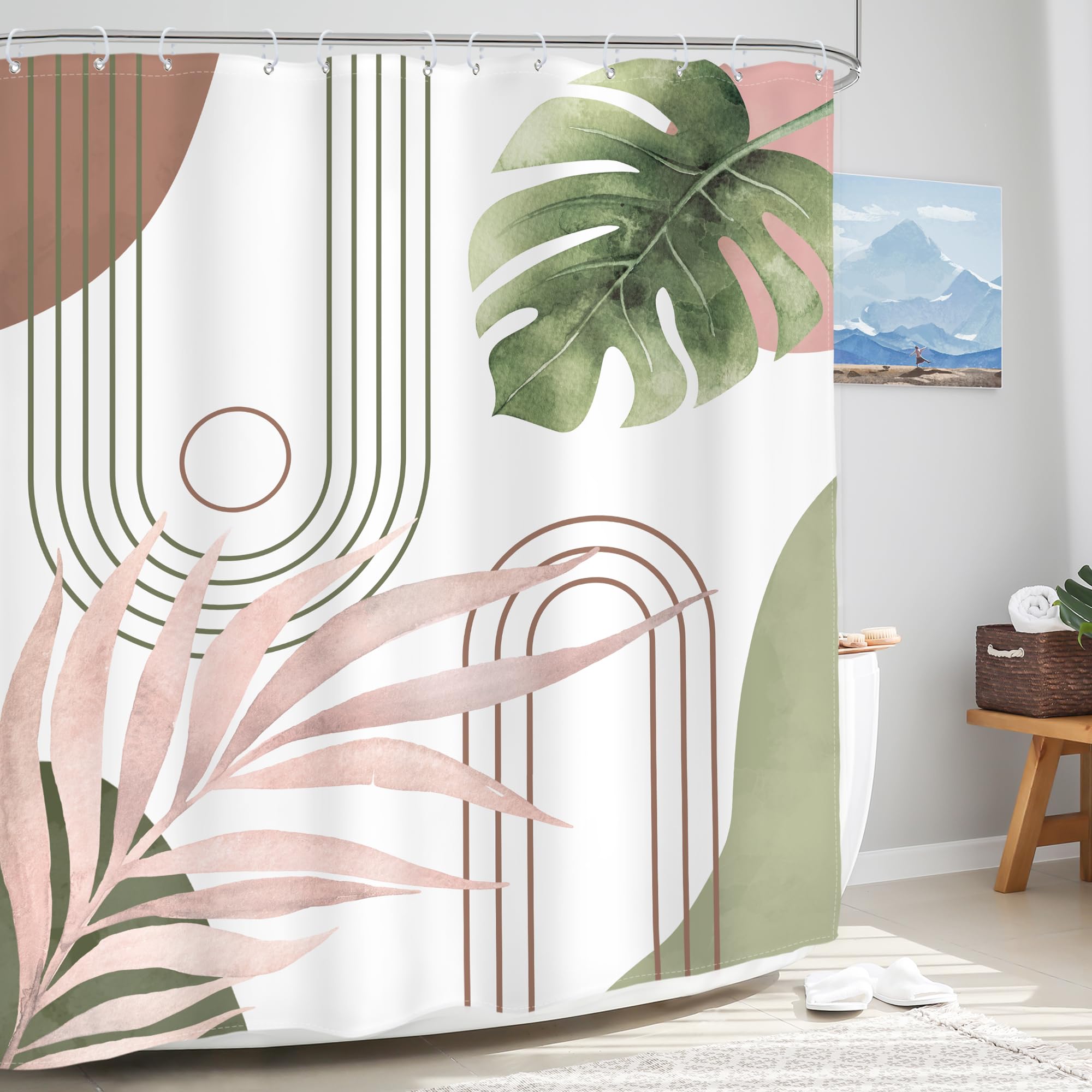 Glawry Abstract Tropical Shower Curtain Chic Boho Plant Palm Leaf Watercolor Pink Green Simple Minimalist Bathroom Modern Botani