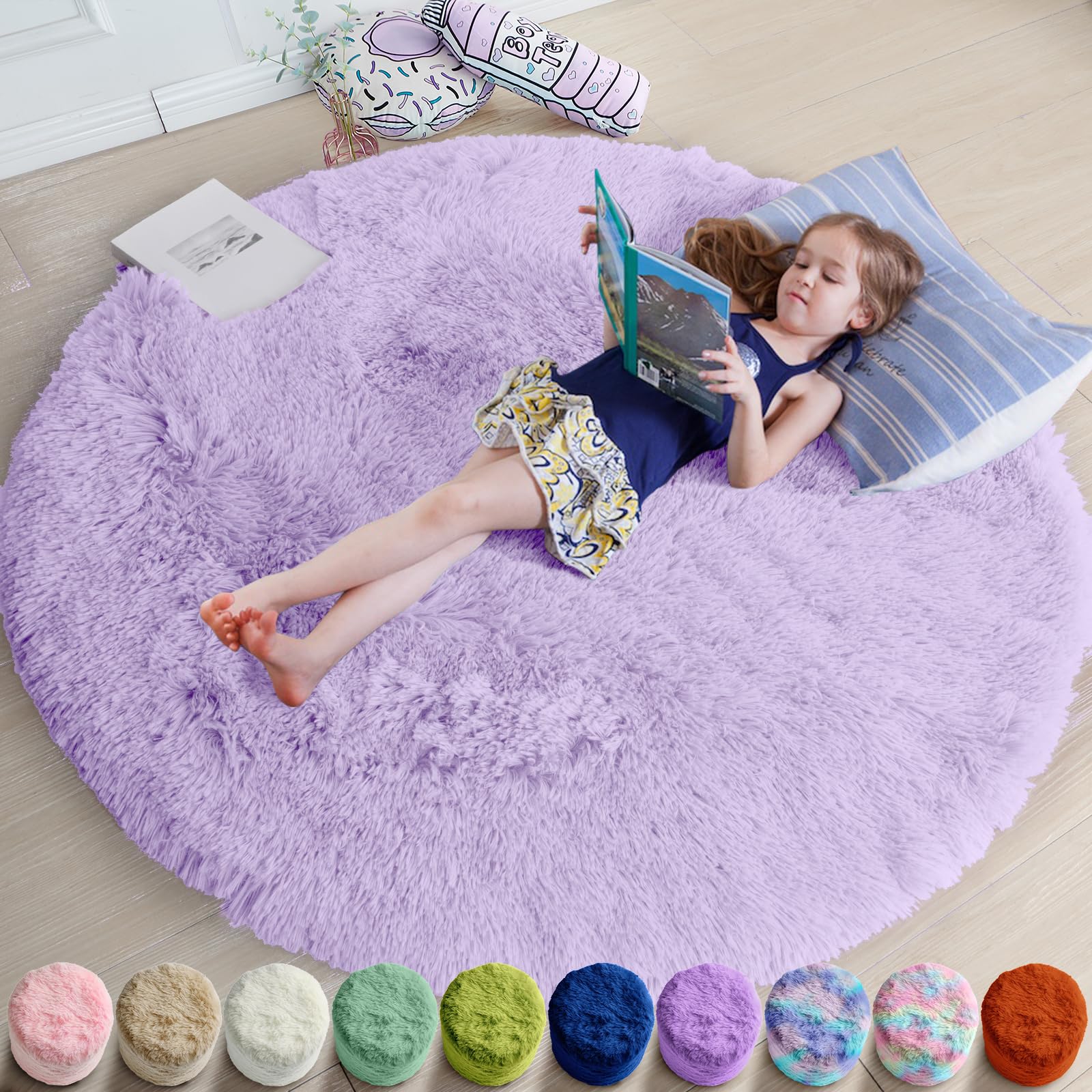 Amdrebio Light Purple Circle Round Rugs 4Ft for Girls Bedroom, Fluffy Fuzzy Area Rugs for Kids Room Decor Aesthetic, Soft Cute F