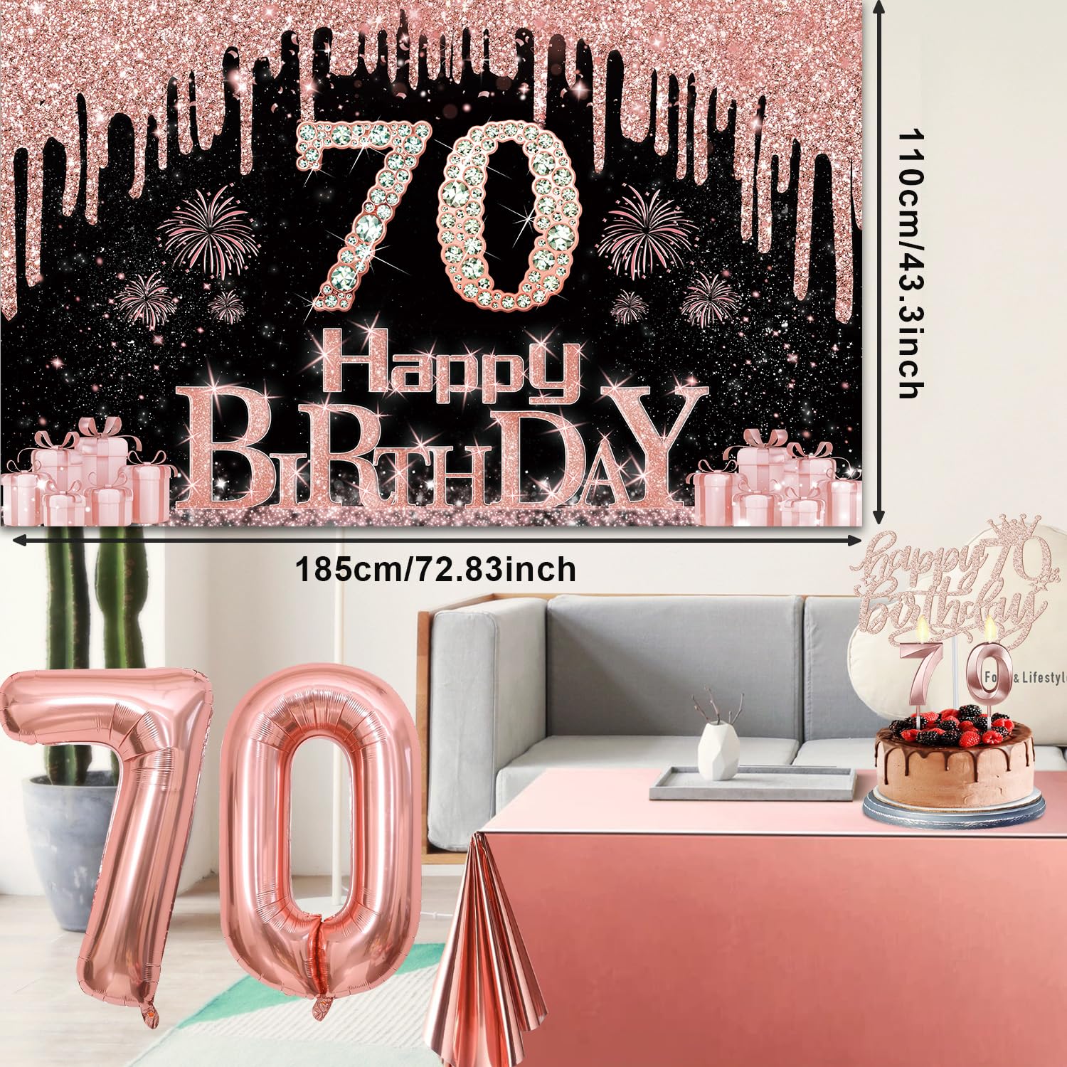 70Th Birthday Decorations For Women With Banner, Rose Gold Tablecloth, Number Balloons, 70Th Birthday Sash And Tiara, Cake Toppe