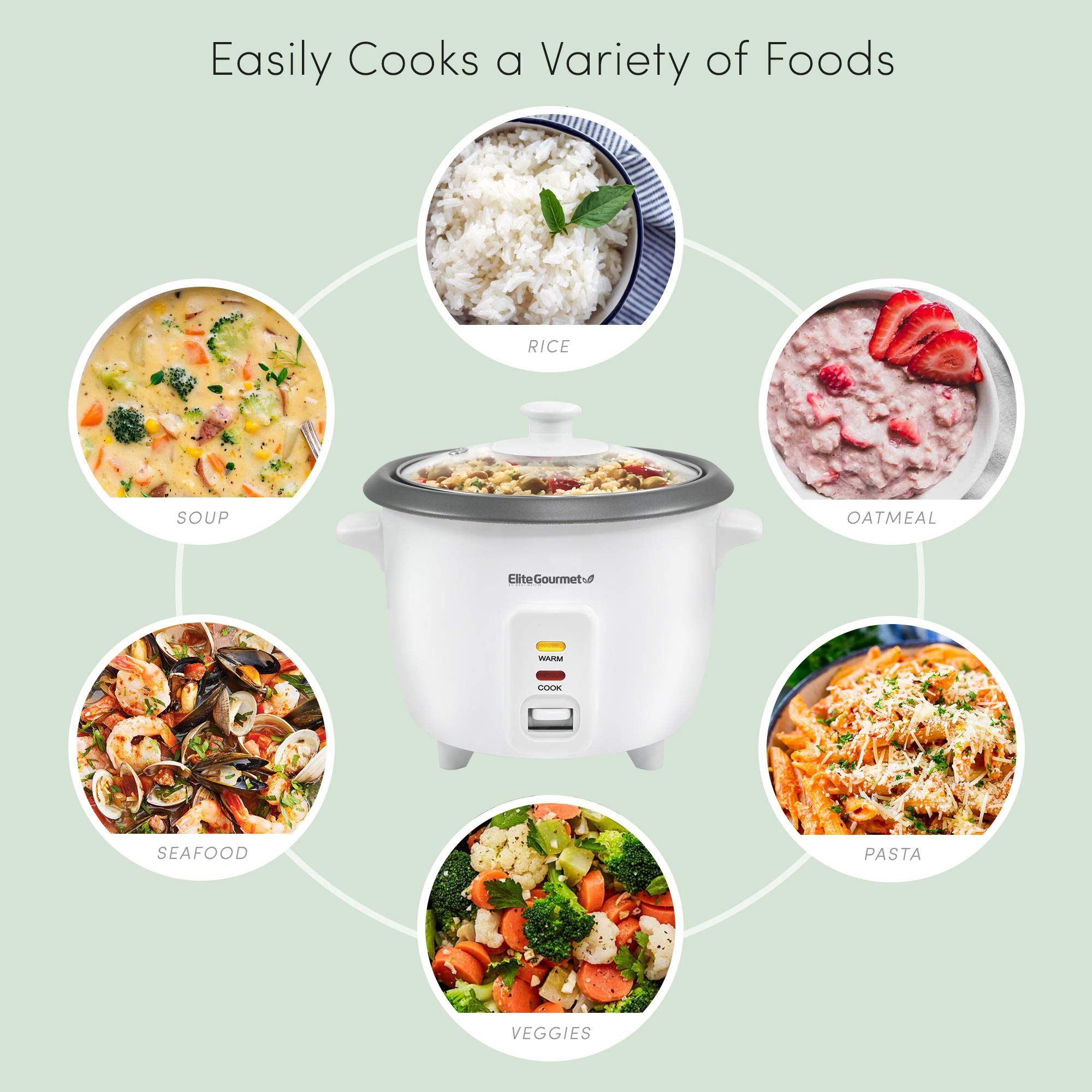 Elite Gourmet Electric Rice Cooker ERC-006NST, 6 Cups Cooked, Non-Stick Pot, White, Vented Tempered Glass Lid