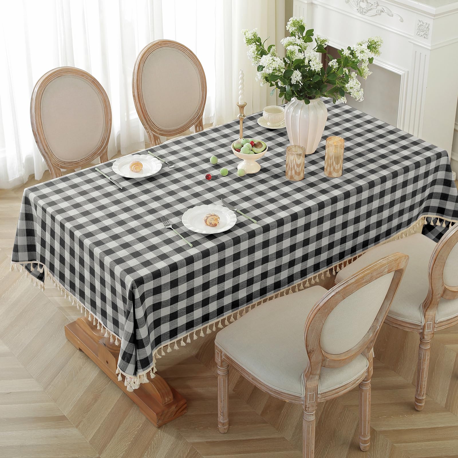 Alsoo Checkered Tablecloth Rectangle Cotton Linen Fabric Gingham Table Cloth Heavy Duty Buffalo Plaid Table Cover With Tassel Wr