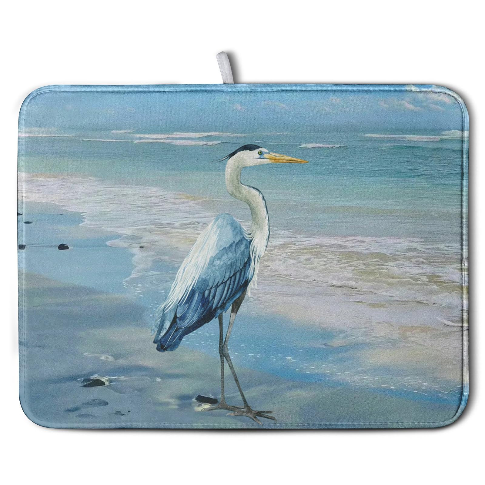 Kwlegh Summer Blue Dish Drying Mat for Kitchen Counter 18x24 Inch Heron Coastal Beach Drying Mats Nautical Ocean Bird Dishes Dra