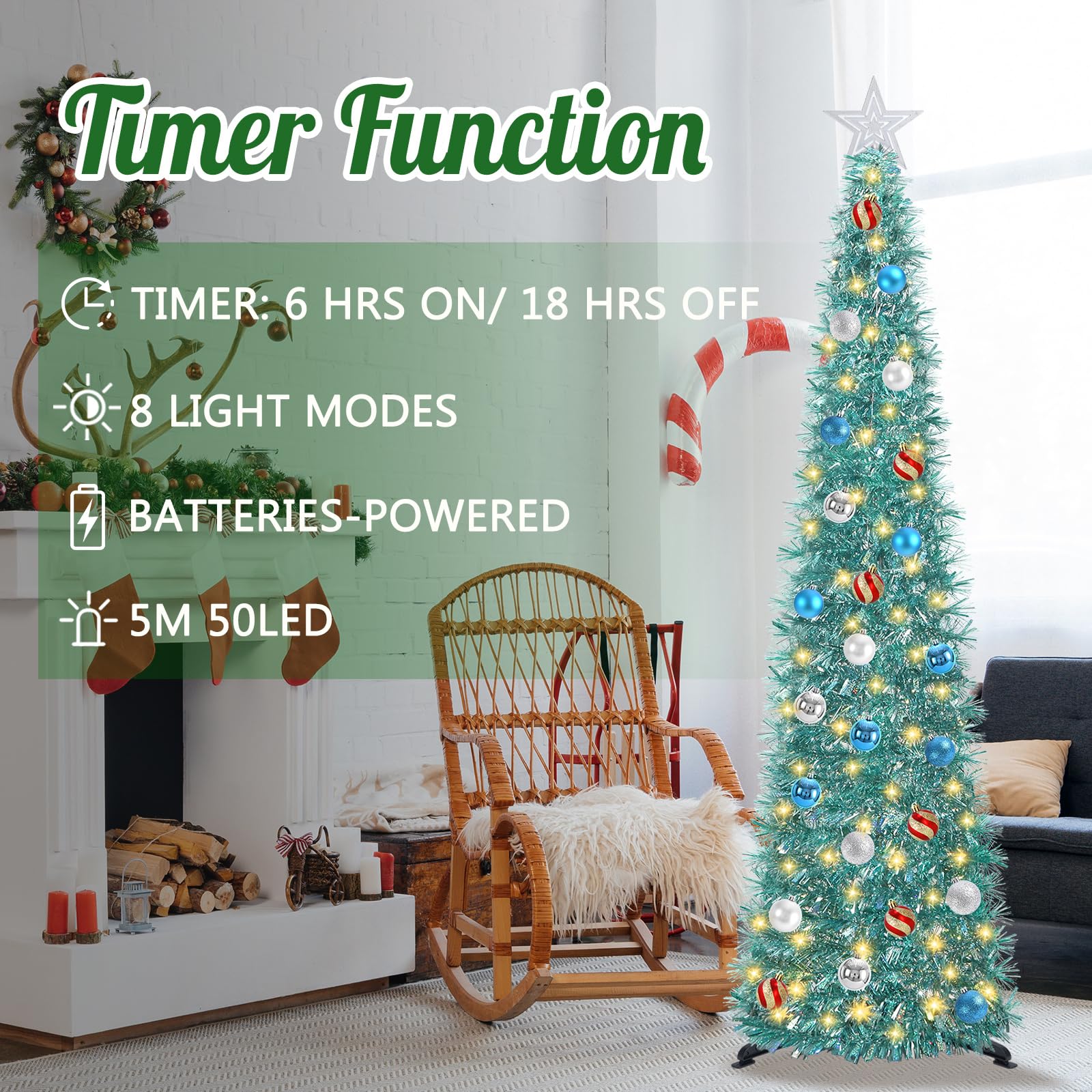 SINTENILL 5 FT Pop Up Christmas Tree with Timer Lights and Decorations, Blue Tinsel Artificial Christmas Tree with 24 Balls Orna