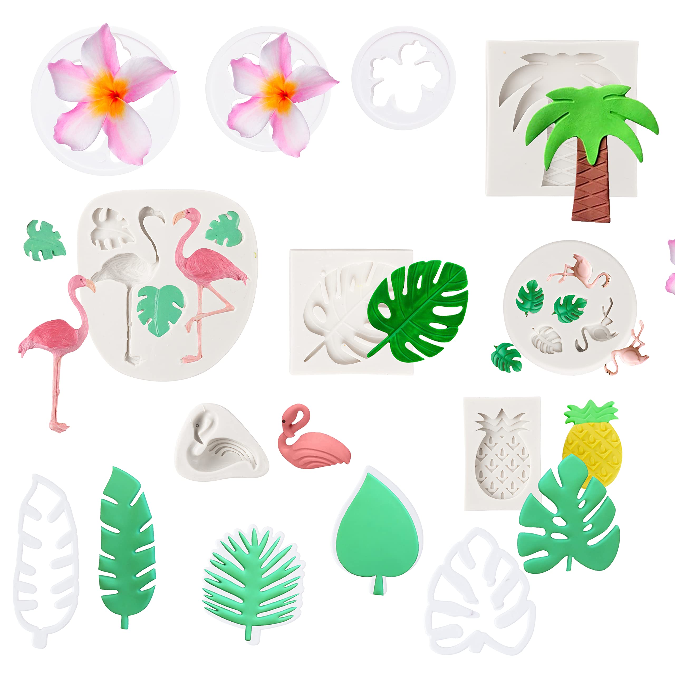 Zainpe 13Pcs Hawaiian Tropical Cake Decoration Flamingo Fondant Molds Pineapple Rain Forest Leaves Tree Theme Candy Chocolate Mo