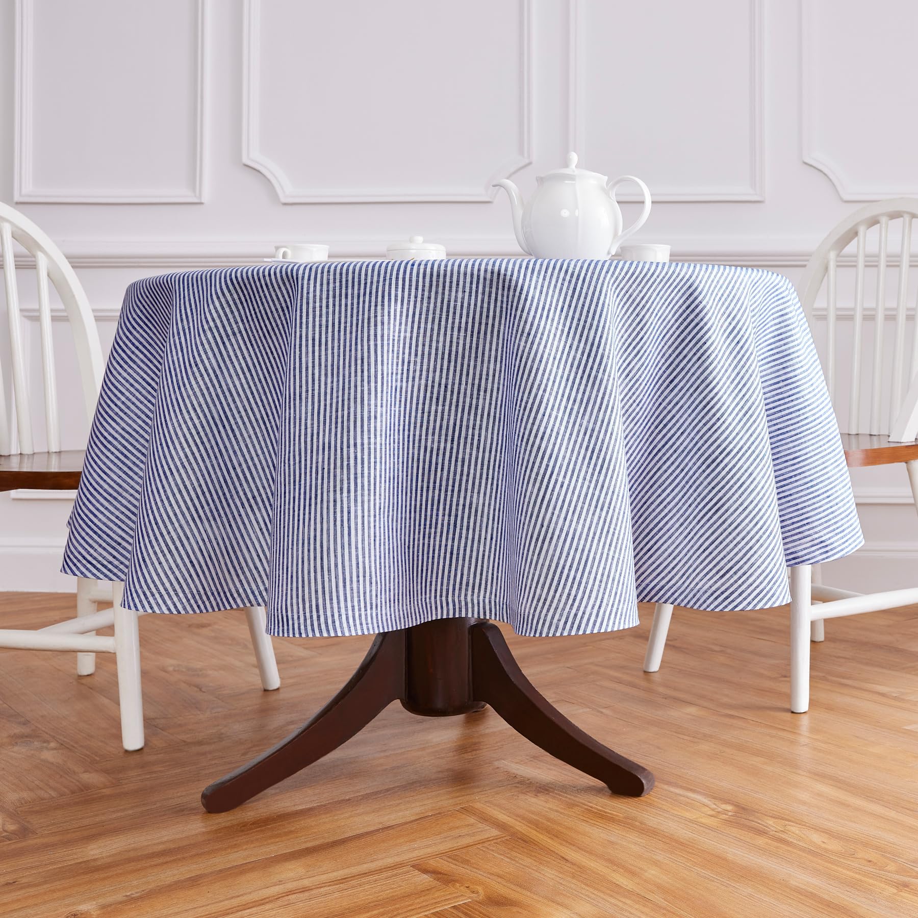Solino Home Stripe Linen Round Tablecloth - 100% Pure Linen Navy And White Tablecloth 60 Inch Diameter For Spring, Easter - Hand