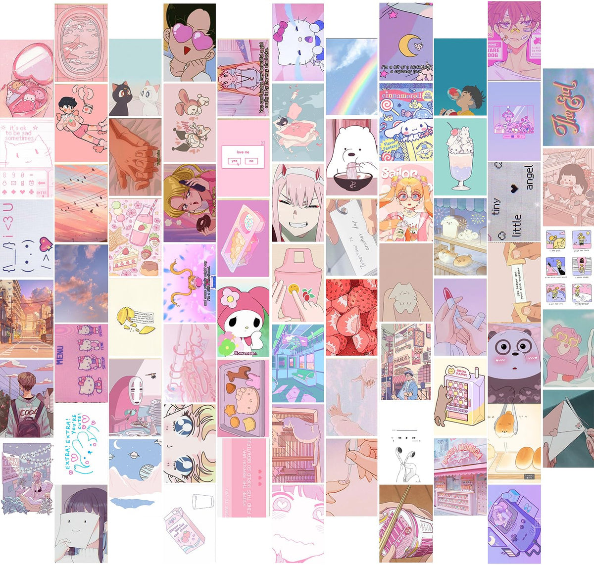 Kbkbart Anime Aesthetic Wall Collage Kit, 70Pcs Kawaii Room Decor, Pink Cartoon Assembled Print Card Set, Anime Photo Wall Colla