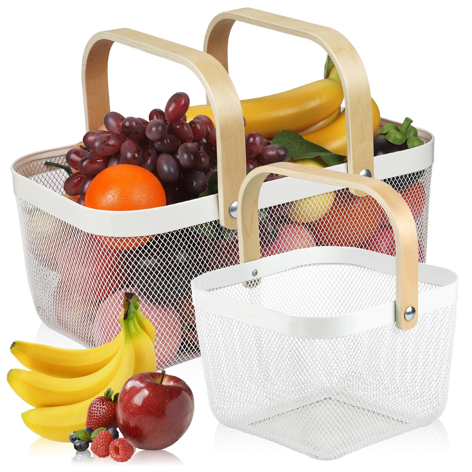 Chorlie Coloful Metal Mesh Wire Basket with Foldable Wooden Handle,Bin Garden Fruit Vegetable Storage Hanging Harvest Holder for