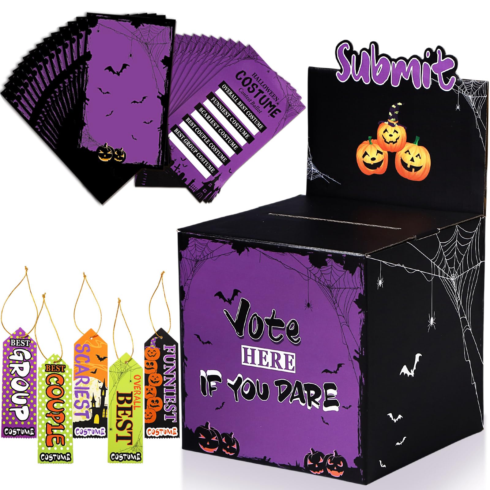 Outus Halloween Costume Contest Ballot Box and 40 Voting Cards, 10 Award Prize Ribbons Fun Decorations, Halloween Party Supplies