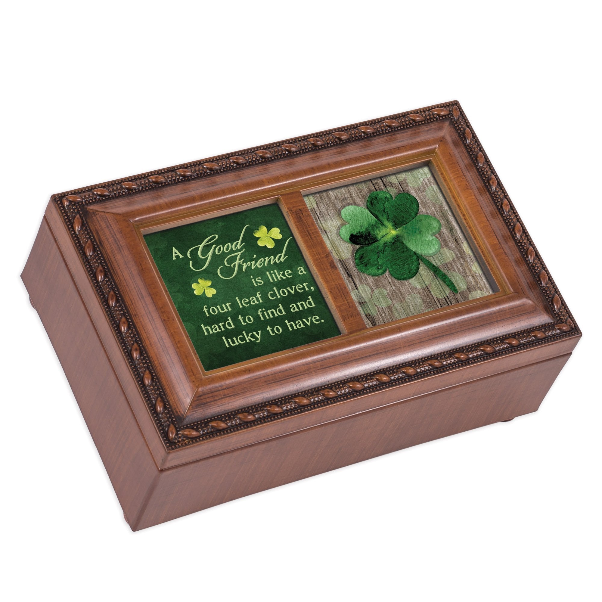 Cottage Garden Good Friend Four Leaf Clover Woodgrain Rope Trim Petite Music Box Plays Irish Lullaby