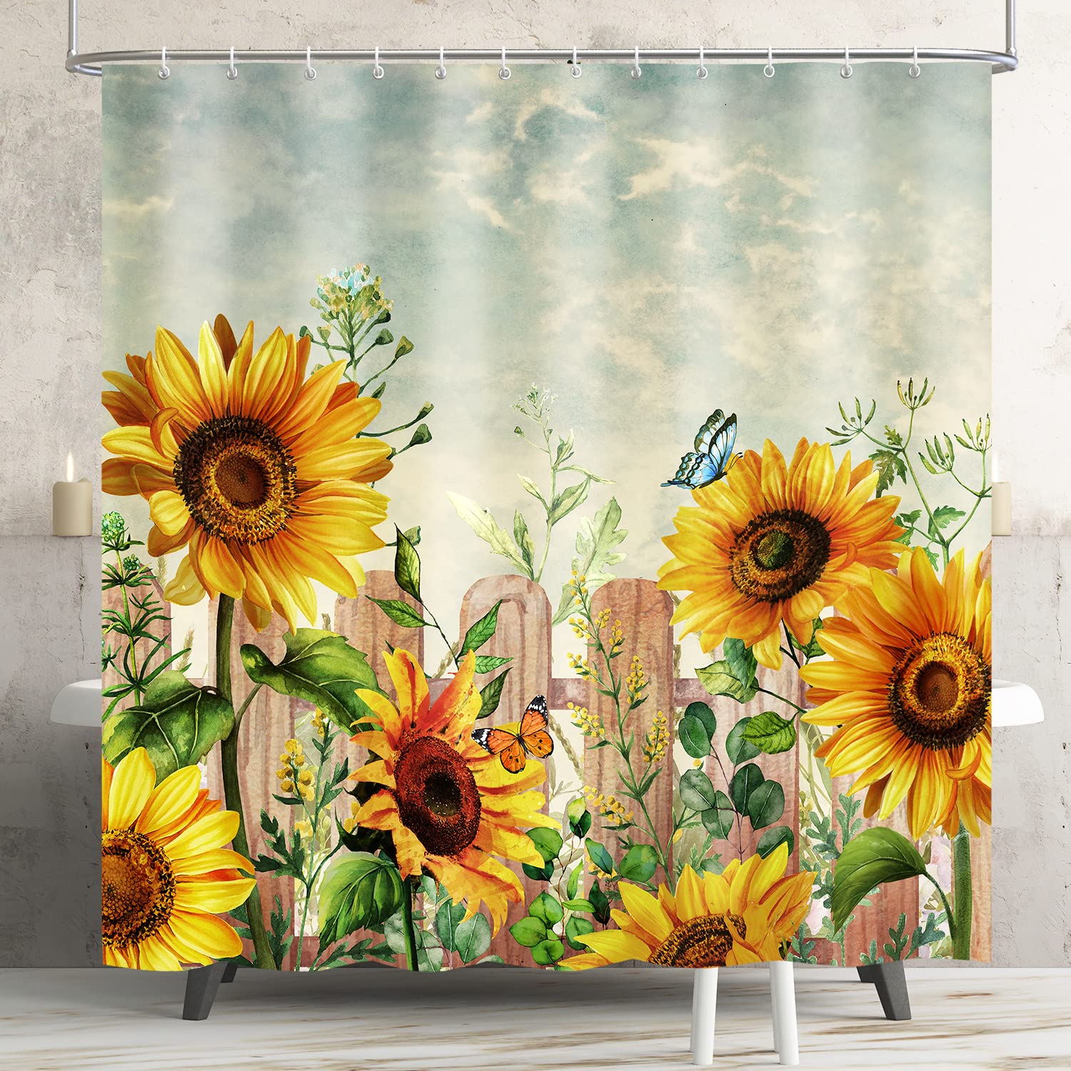 Lokigo Sunflower Shower Curtain Farmhouse Shower Curtains For Bathroom Yellow Floral Rustic Bathroom Shower Curtain Waterproof F