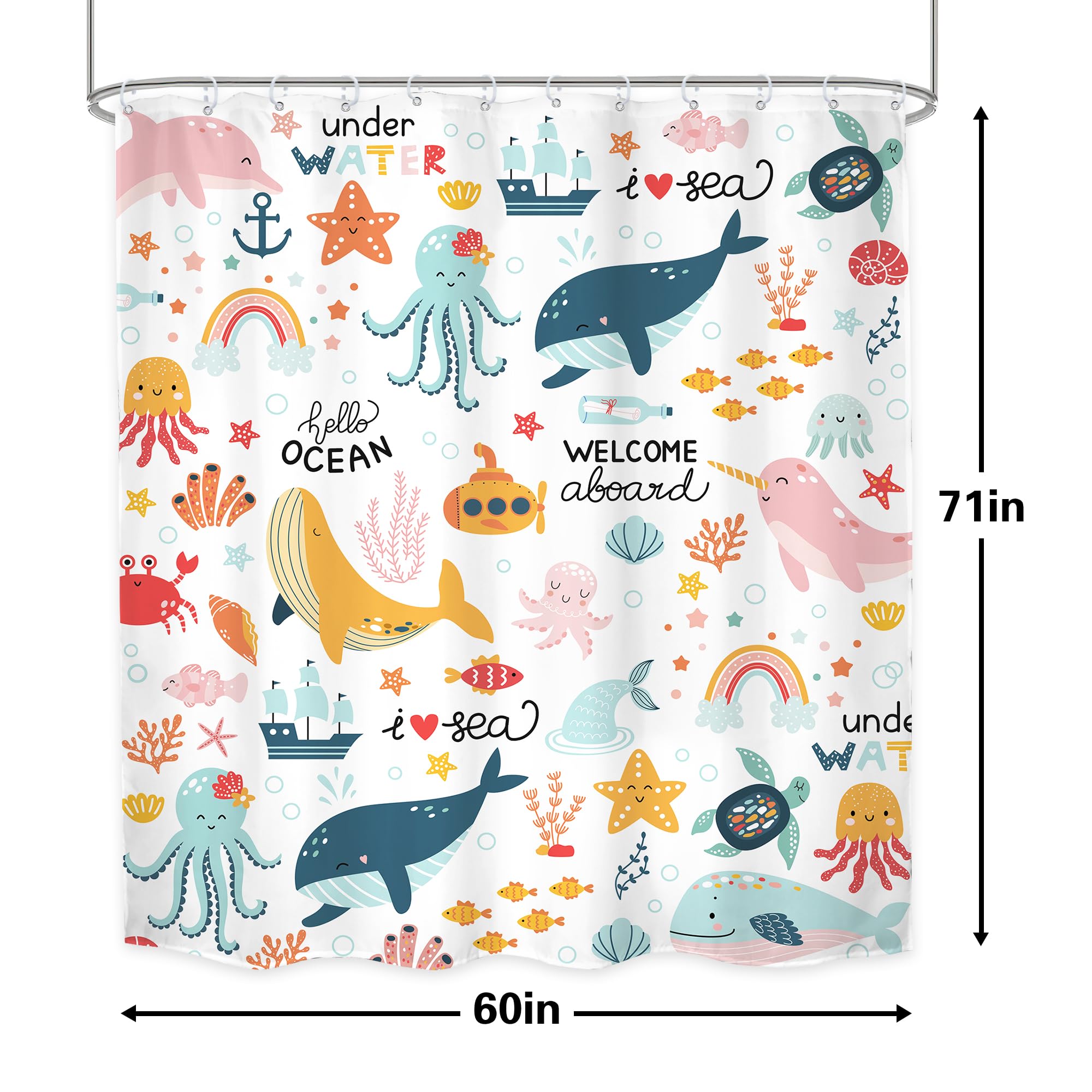 Lghtyro Kids Whale Ocean Shower Curtain Bathroom Set 60Wx71H Inches Cartoon Underwater Sea Animals Cute Fish Funny Sealife Color