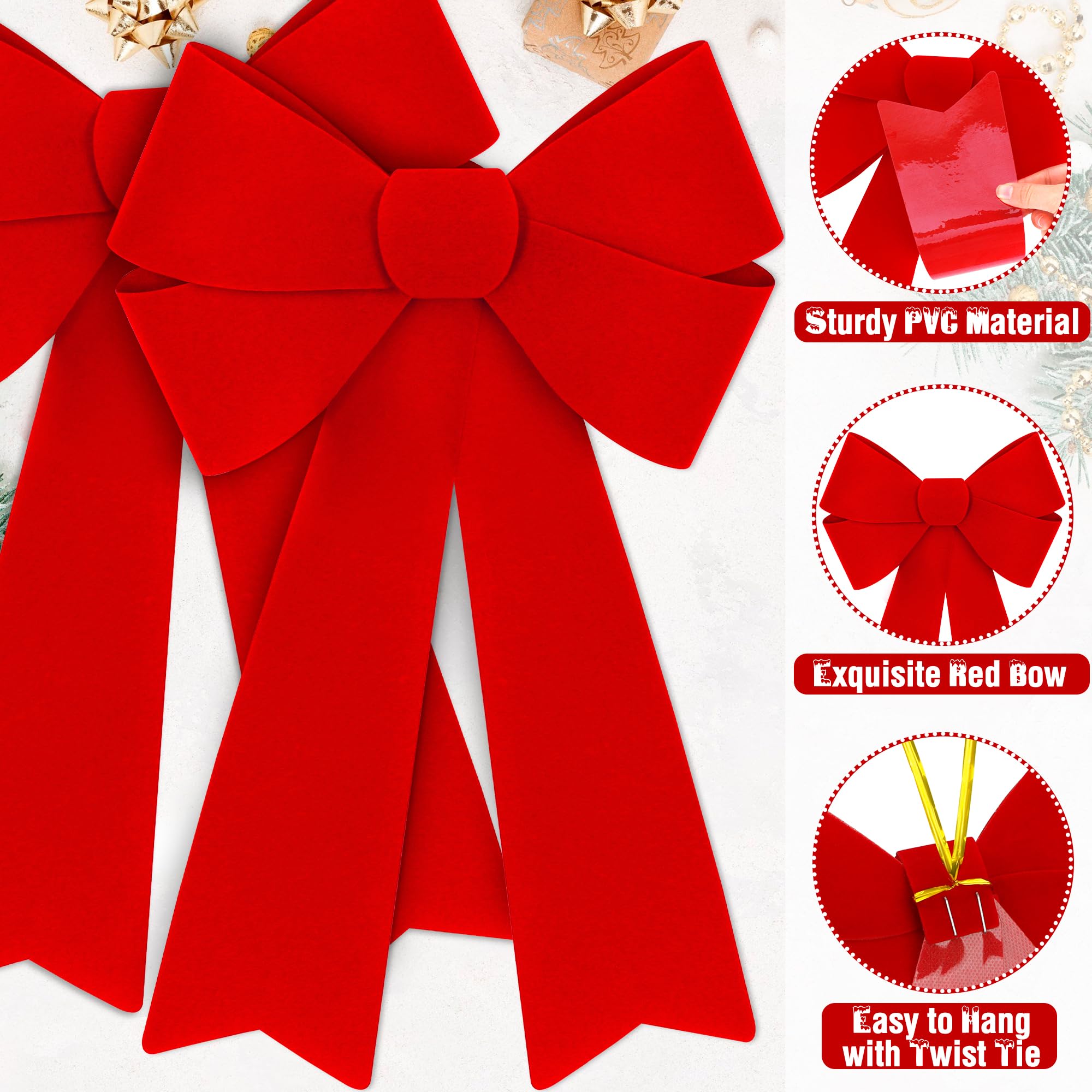 8 PCS Xmas Decorations, 12 x 18 Inch Red Christmas Bows, Red Velvet PVC Large Hanging Red Christmas Bows for Outside Indoor Xmas