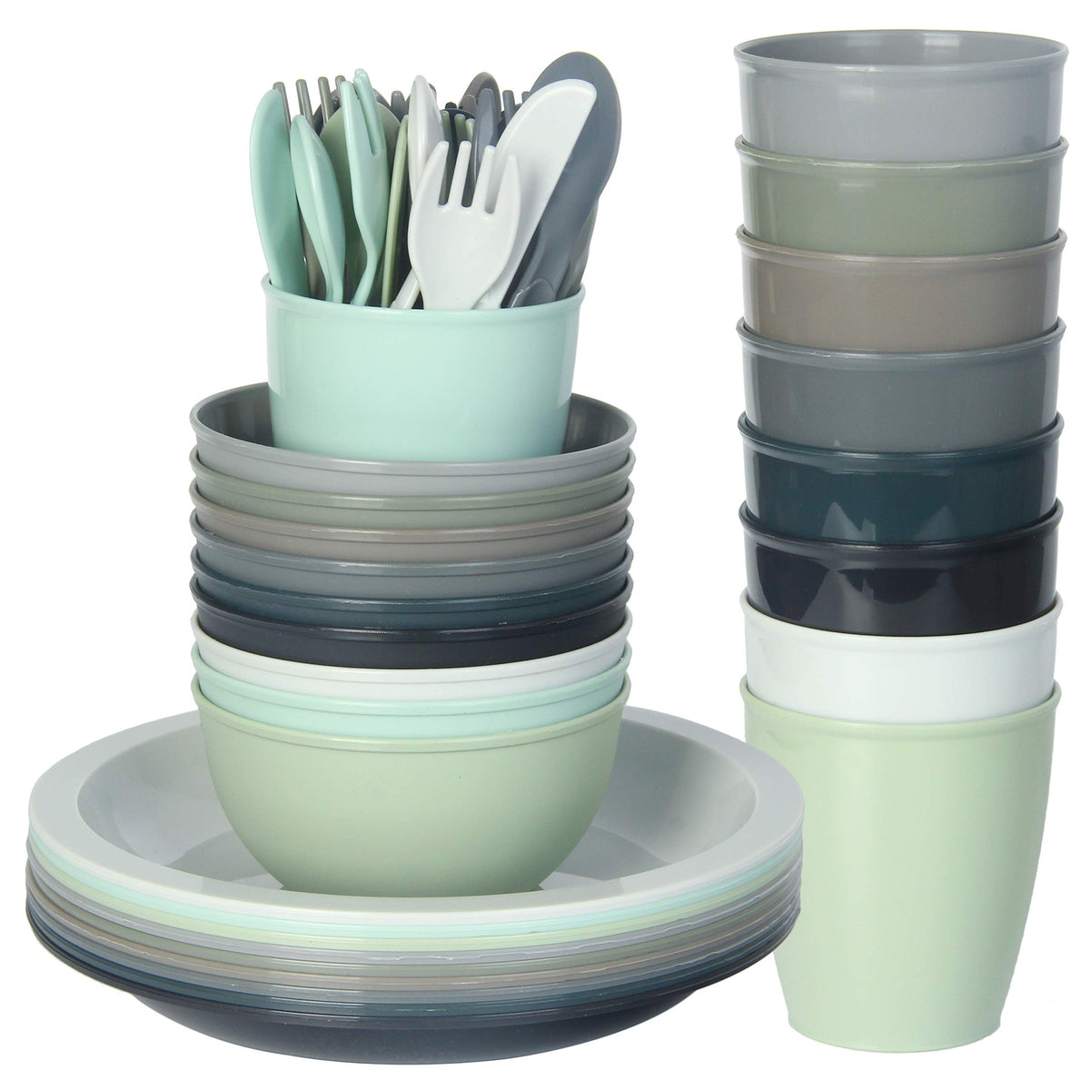 Youngever 54 pcs Plastic Toddler Dining and Utensil Set, BPA Free, Dishwasher Safe, Toddler Dinnerware and Toddler Silverware, S