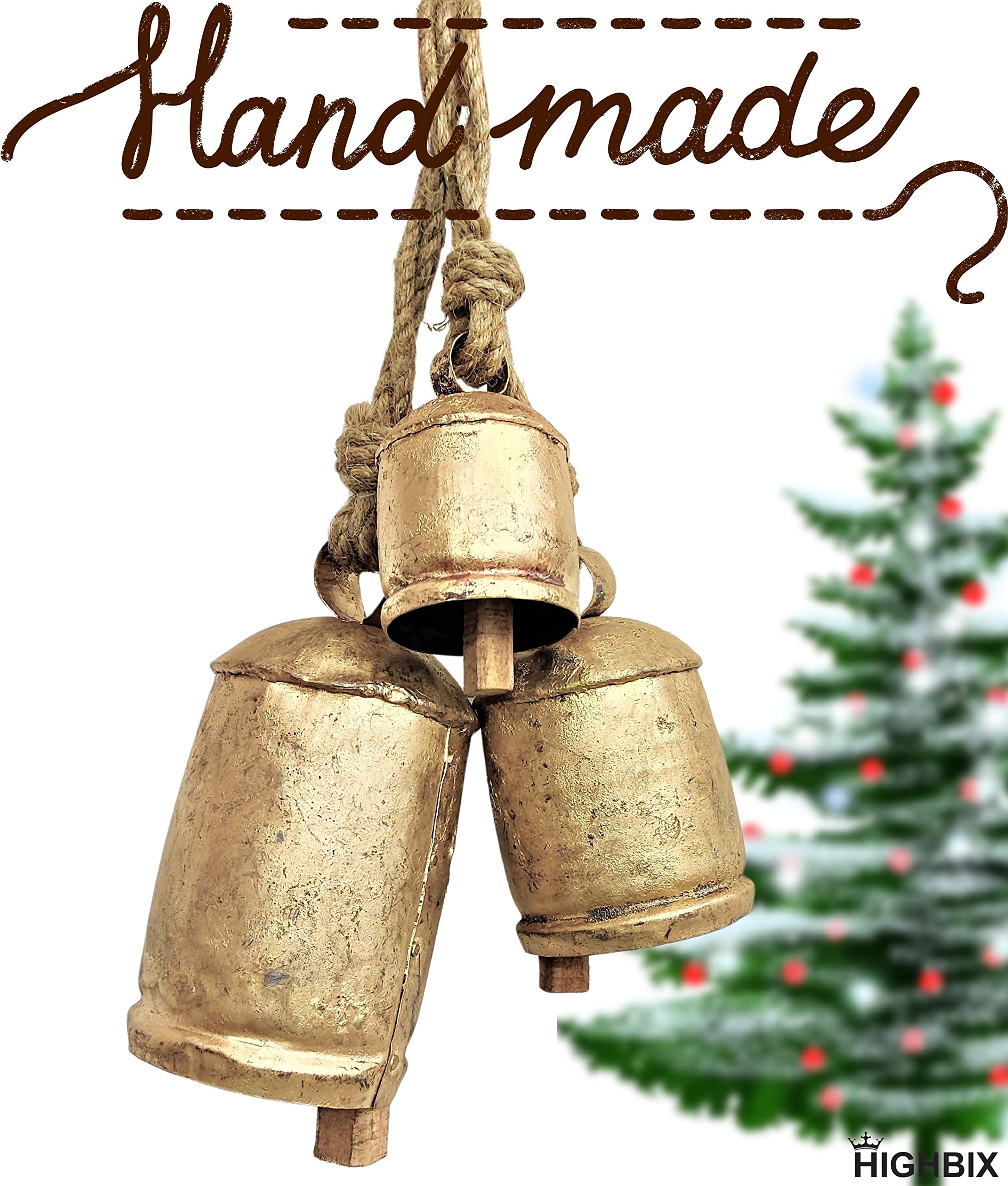 HIGHBIX Set of 3 Giant Harmony Cow Bells Huge Vintage Handmade Rustic Lucky Christmas Hanging XL Bells On Rope (Country Rustic,