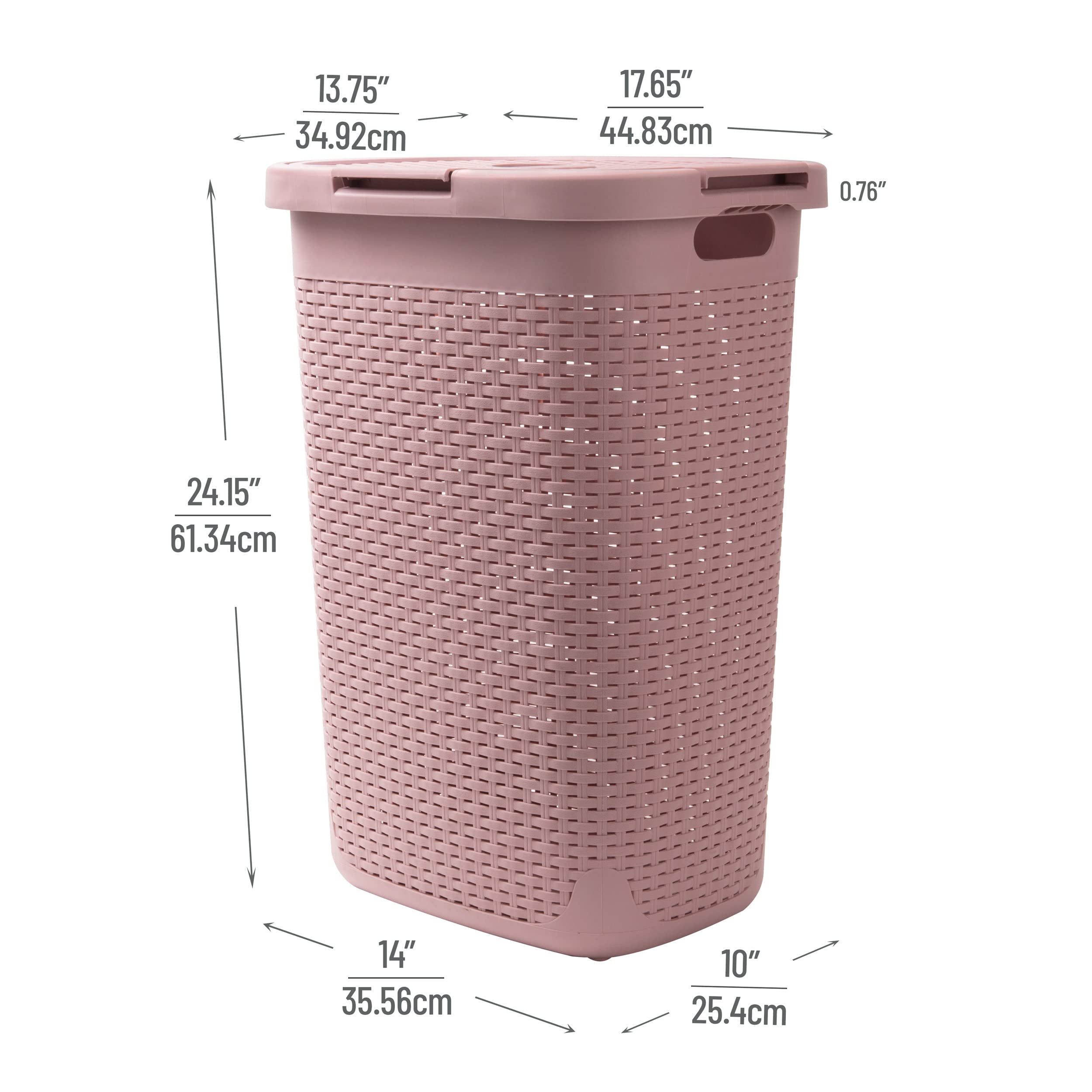Mind Reader 60L Slim Laundry Hamper, Clothes Basket, Lid, Wicker Style, Plastic, 17.65''L X 13.75''W X 24.15''H, Set Of 2, Pink