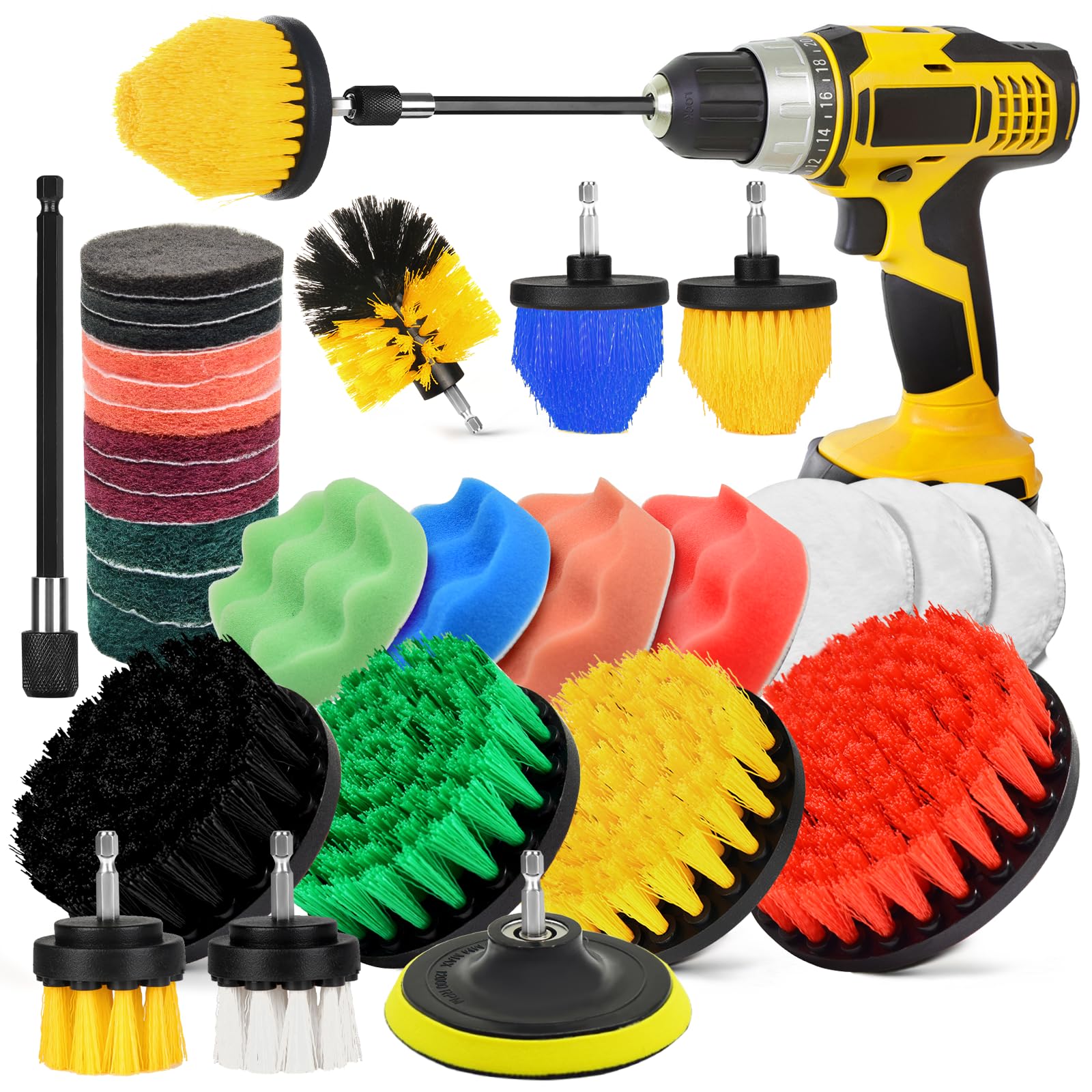 30Pcs Drill Brush Attachment Set,Drill Scrubber Brush Kit Include Scrub Pads, Sponge, Extend Attachment, Drill Cleaning Brush At