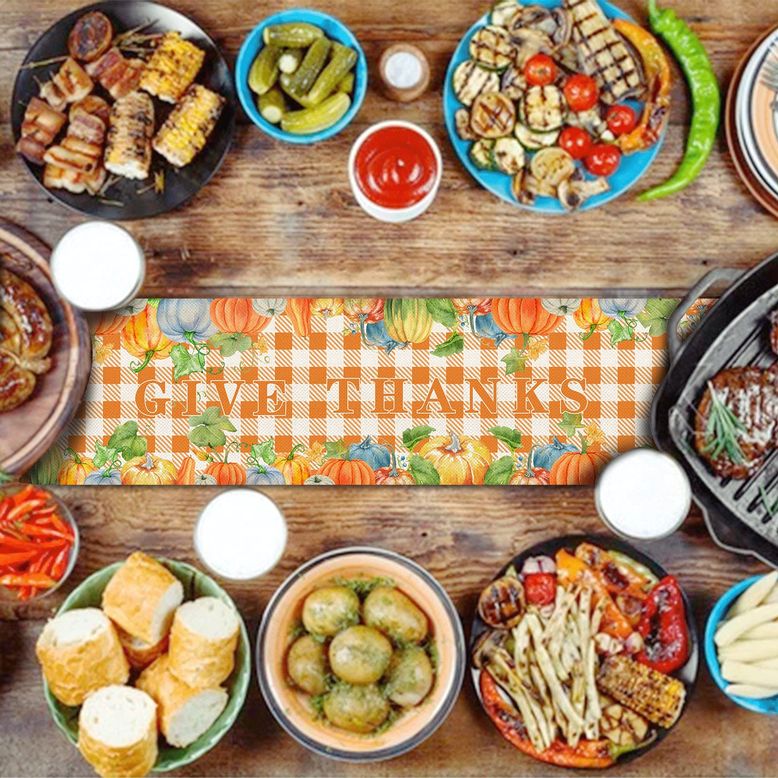 Yovoyoa Happy Thanksgiving Give Thanks Fall Table Runner, Buffalo Check Plaid Fall Harvest Pumpkins Burlap Kitchen Dining Room T