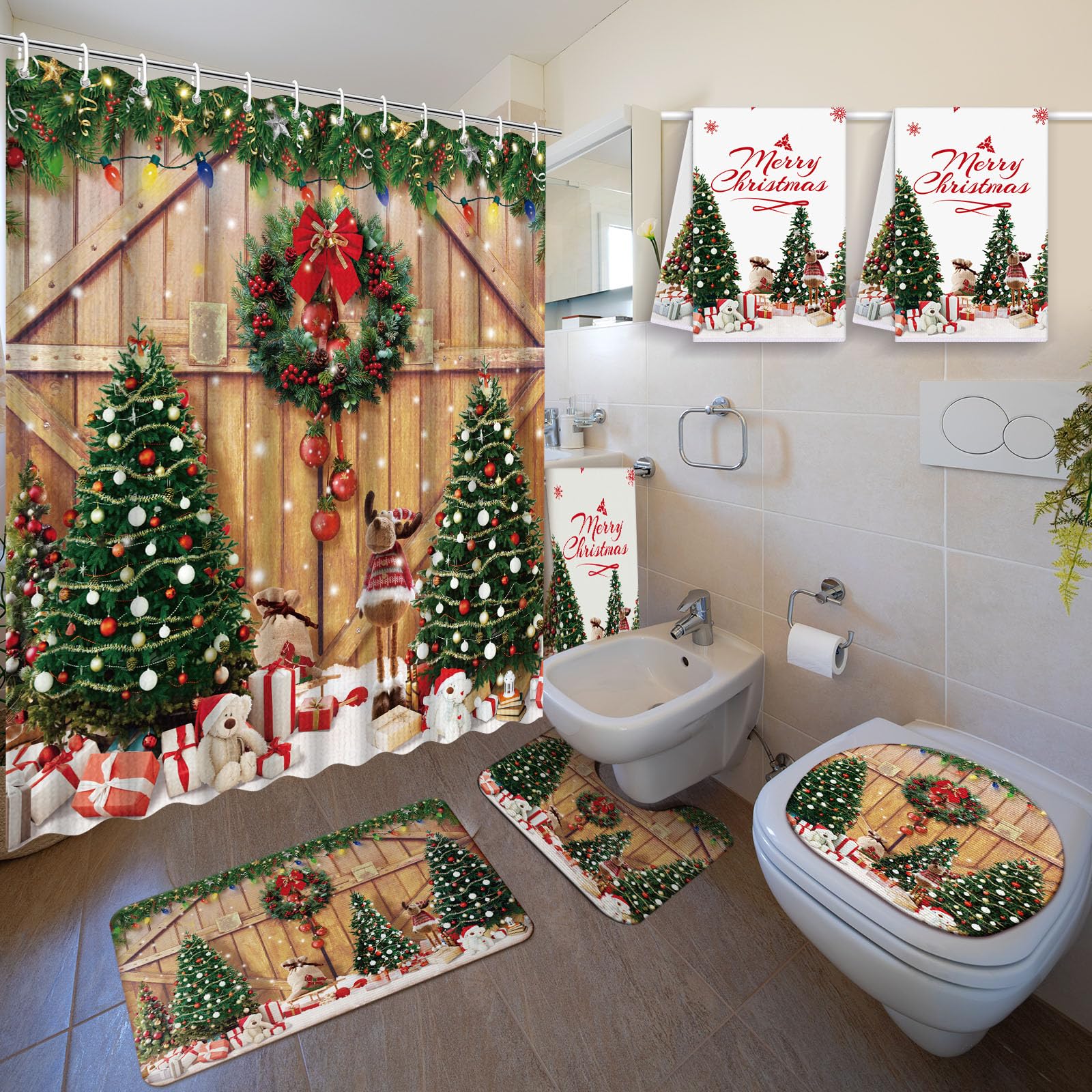 Nuanchu 6 Pcs Christmas Shower Curtain Set with Rug Bathroom Sets with Shower Curtain Bath Mat U Shaped Mat Toilet Lid Cover 2 B