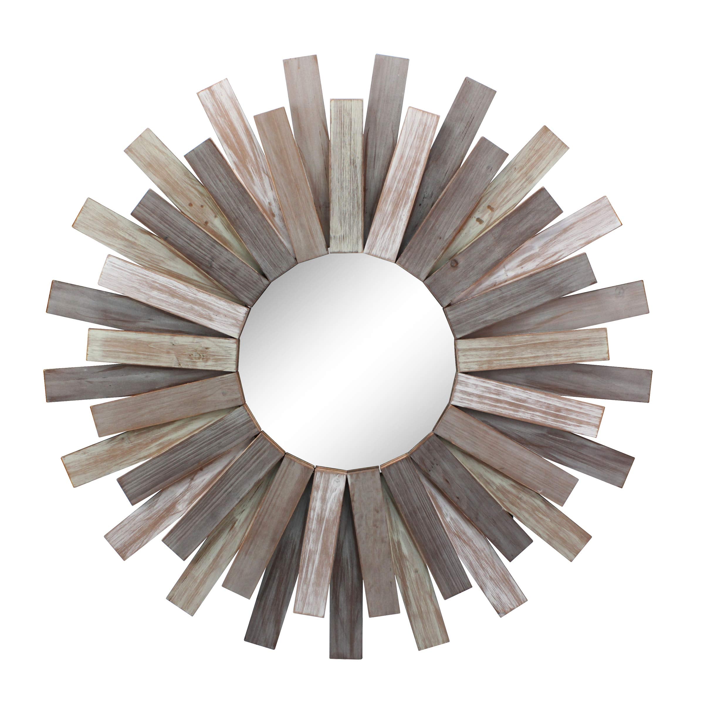 Stonebriar Large Round 32 Wooden Sunburst Wall Mirror with Attached Hanging Bracket, Decorative Rustic Decor for the Living Room