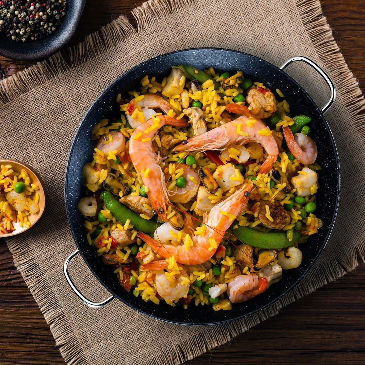 Activ Cuisine Paella Pan, 14 Inch Stainless Steel Paella Pan, Non-Stick Coating, Seafood And Meat For 6 Servings, Cooking Pan Su