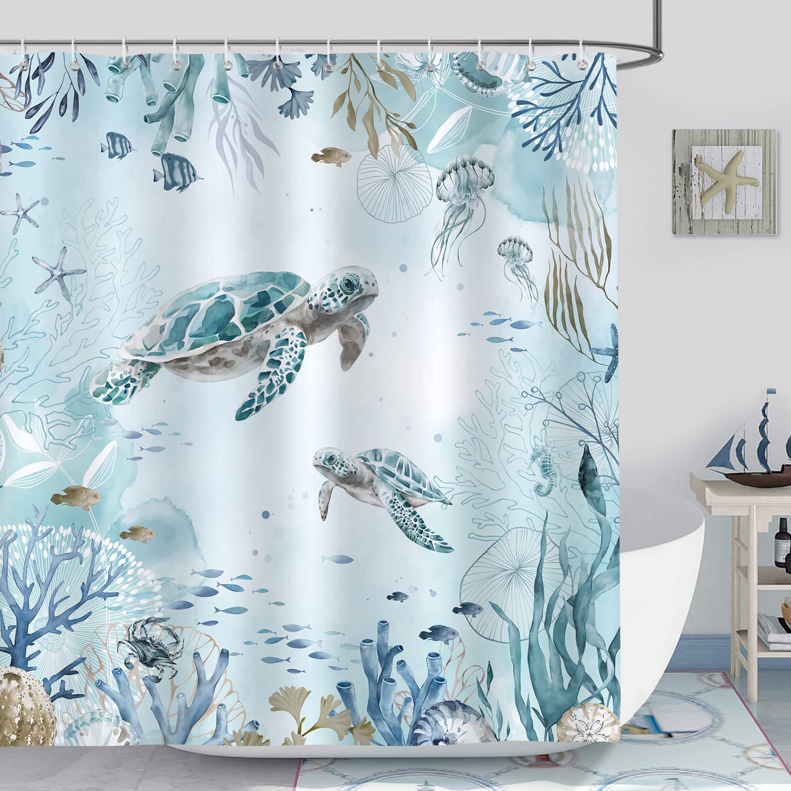 Bonhause Sea Turtle Shower Curtain For Bathroom Teal Blue Ocean Beach Coastal Decorative Bath Curtain 72 X 84 Inch Polyester Fab