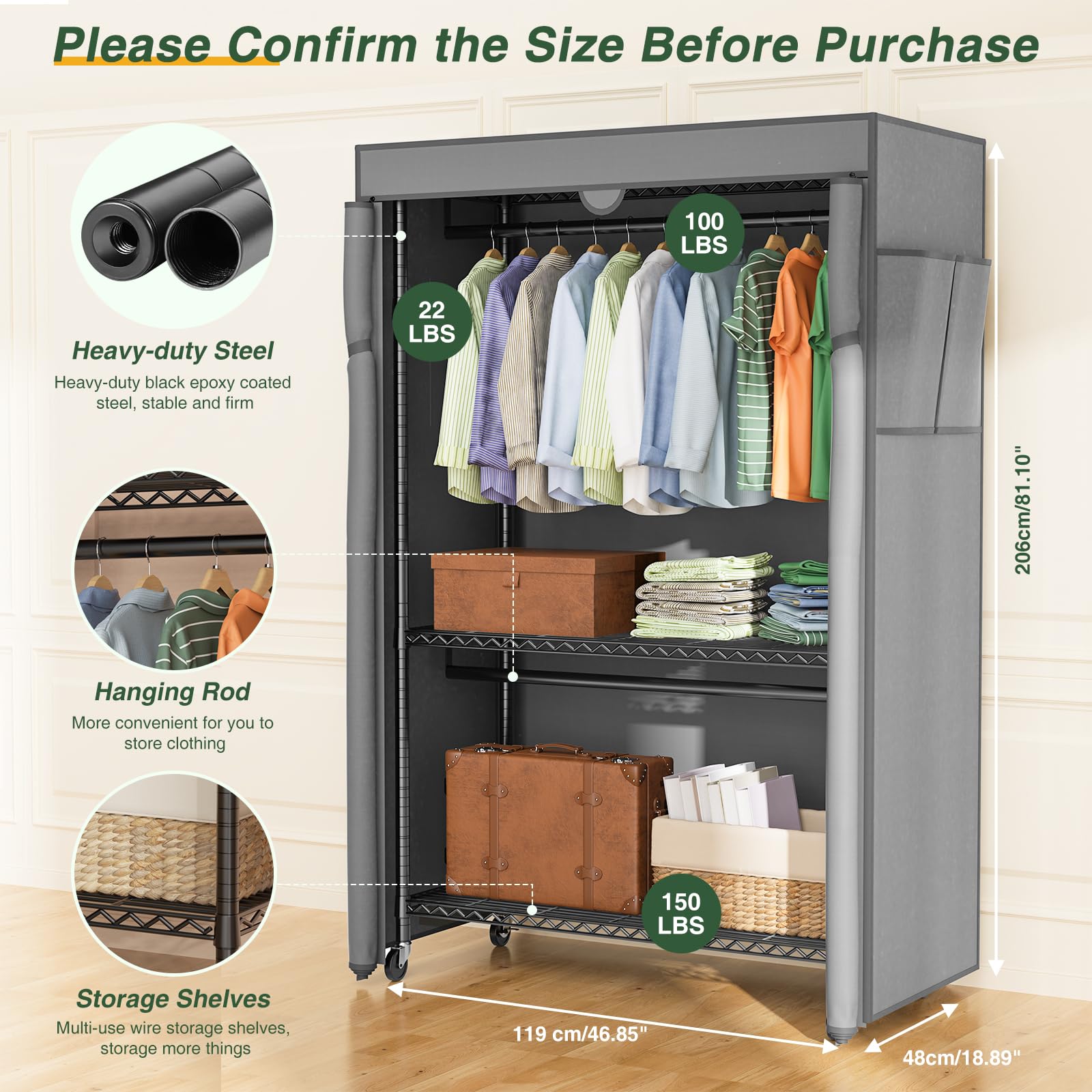 Lehom G1C Heavy Duty Clothes Rack With Cover, Rolling Garment Rack For Hanging Clothes, Portable Closets With Oxford Fabric Cove
