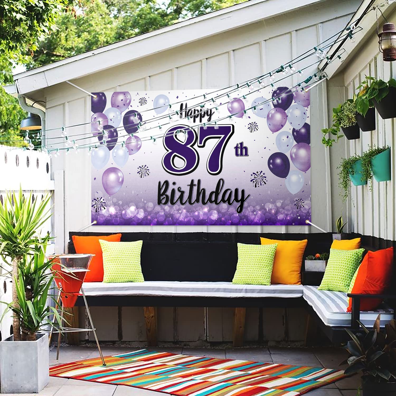 Laskyer Happy 87Th Birthday Decorations,87Th Purple Balloon Large Birthday Banner Backdrop Sign,87 Years Old Bday Party Supplies