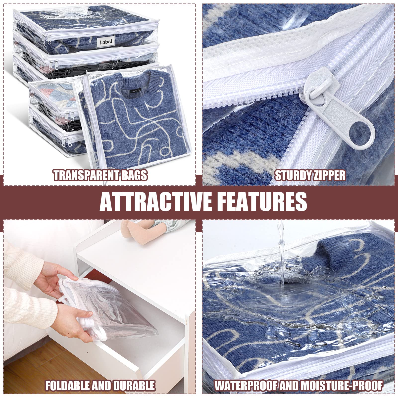 Hoolerry 6 Pieces Sweater Storage Bags Moth Proof Clear PVC Plastic Clothes Storage Bags with Zipper and Label for Blankets Clot