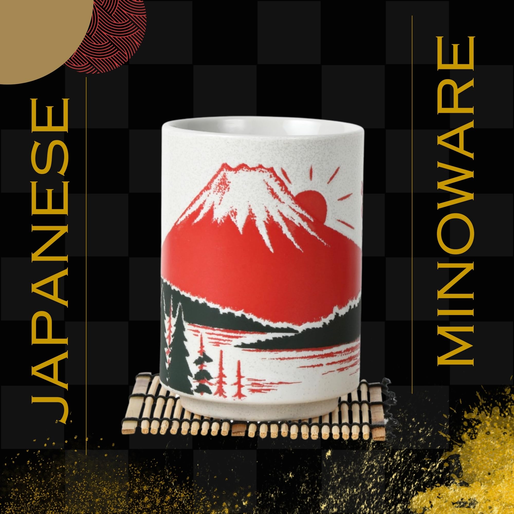 Love Love Japan Japanese Tea Cups Sushi-Yunomi Mino Ware With Bamboo Coaster (Set Of 2) (Mt. Fuji)
