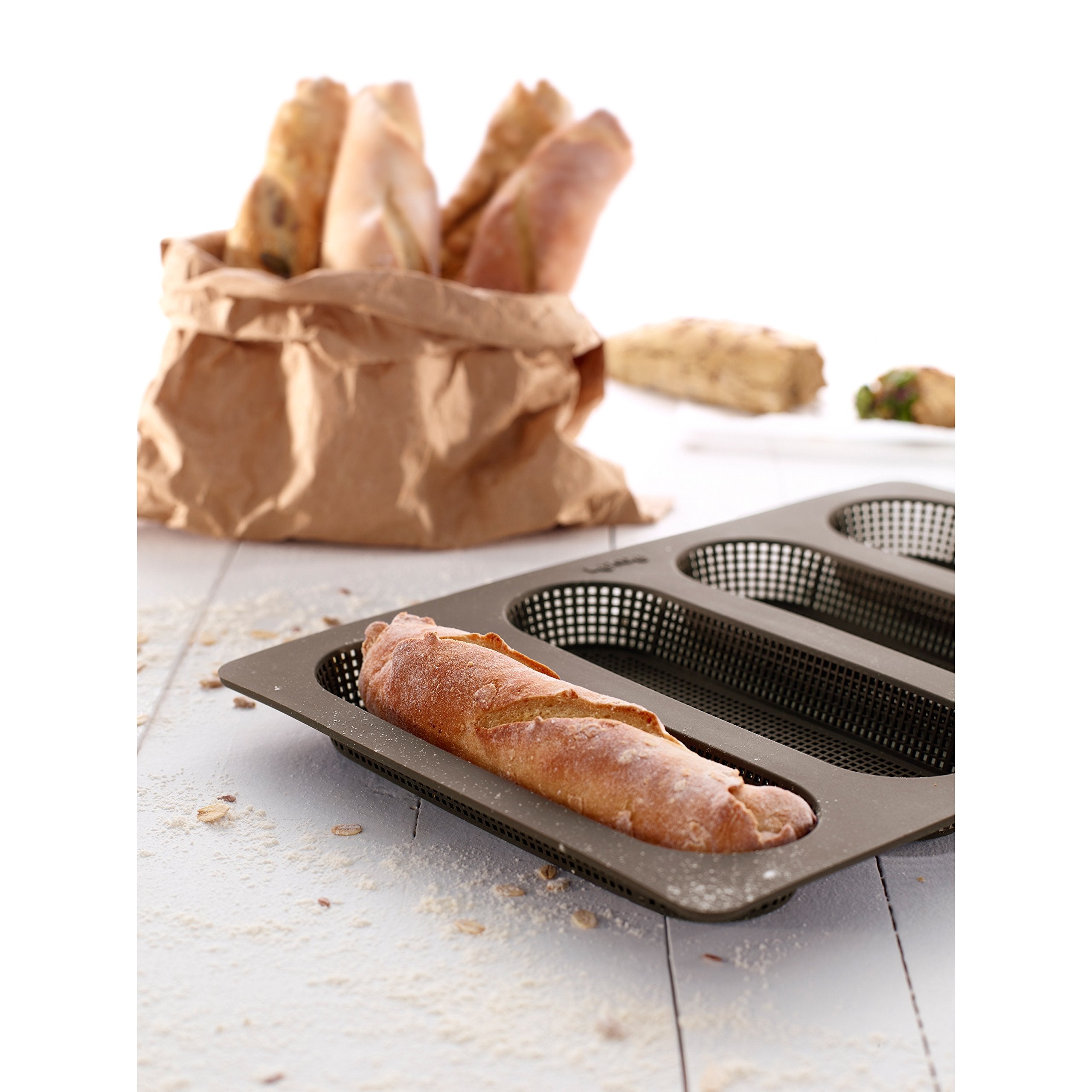 Lekue 4 Cavity Micro Perforated Mini Baguette Baking Pan, Brown