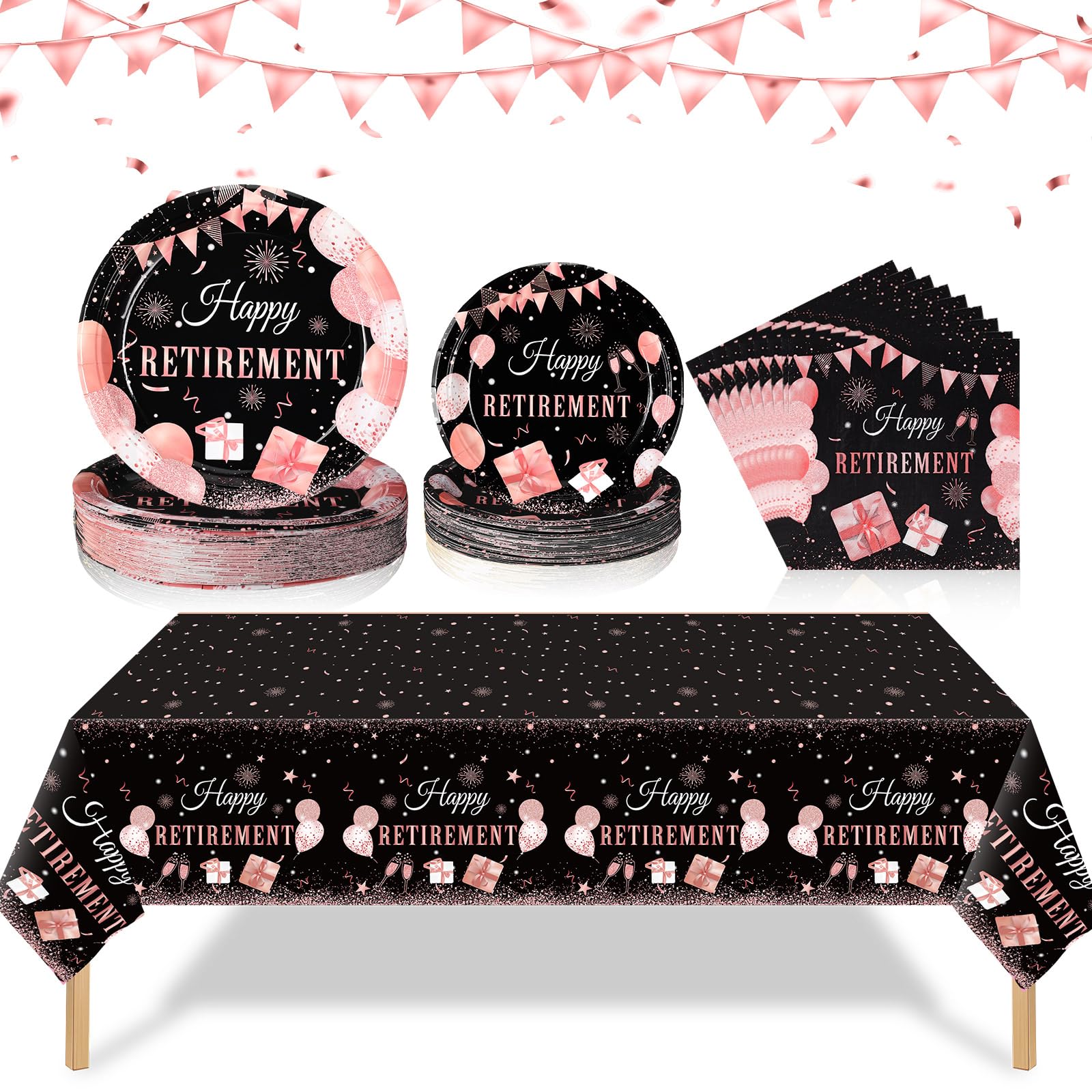 Zhehao 101 Pcs Retirement Party Tableware Set Black and Pink Happy Retirement Party Supplies Includes 50 Paper Plates, 50 Napkin