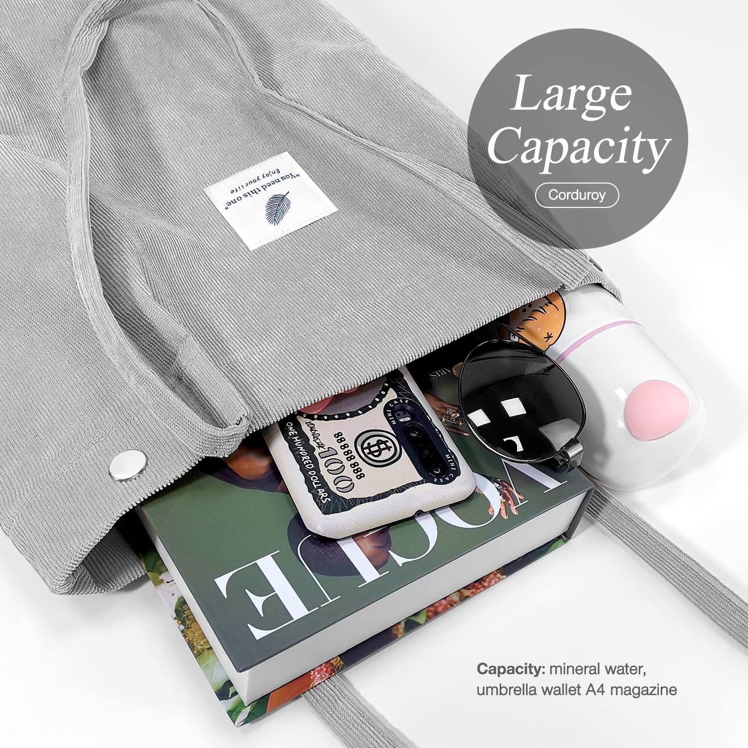 Lhmtqvk Tote Women Girls, Large Capacity Corduroy Reusable Grocery Shoulder Bag With Inner Pockets, Grey
