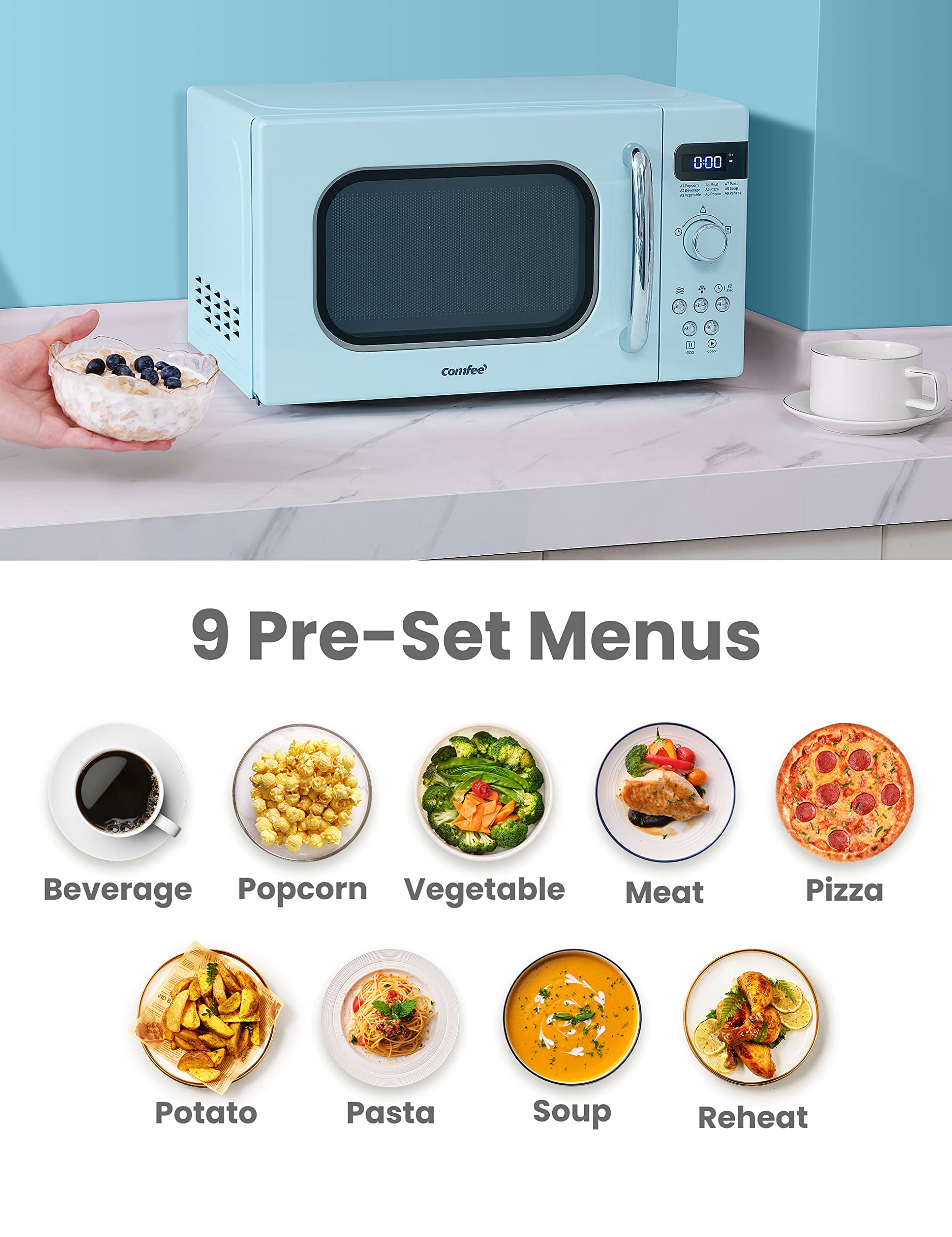 Comfee' Retro Small Microwave Oven With Compact Size, 9 Preset Menus, Position-Memory Turntable, Mute Function, Countertop Micro