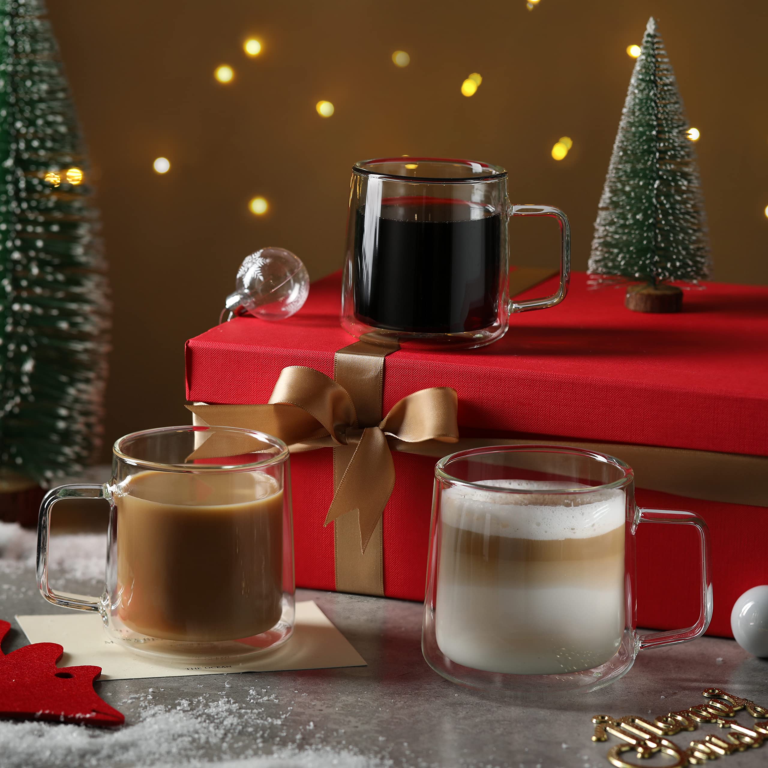 Cnglass 12Oz Glass Coffee Mugs,Double Wall Insulated Glass Cups With Handle,Clear Espresso Mugs For Latte,Cappuccino,Tea Bag,Set