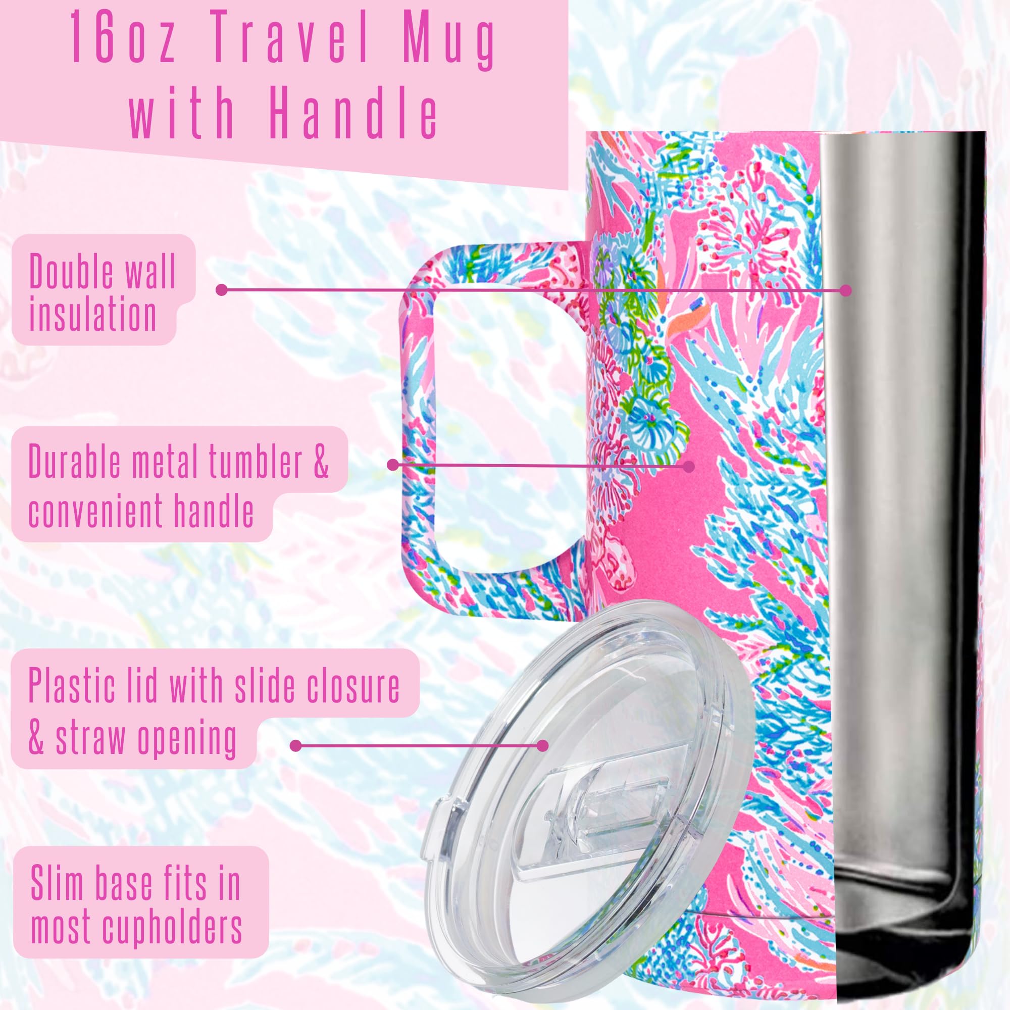 Lilly Pulitzer 16 Oz Travel Mug With Handle And Lid, Stainless Steel Insulated Coffee Tumbler, Double Wall Metal Cup, Seaing Thi