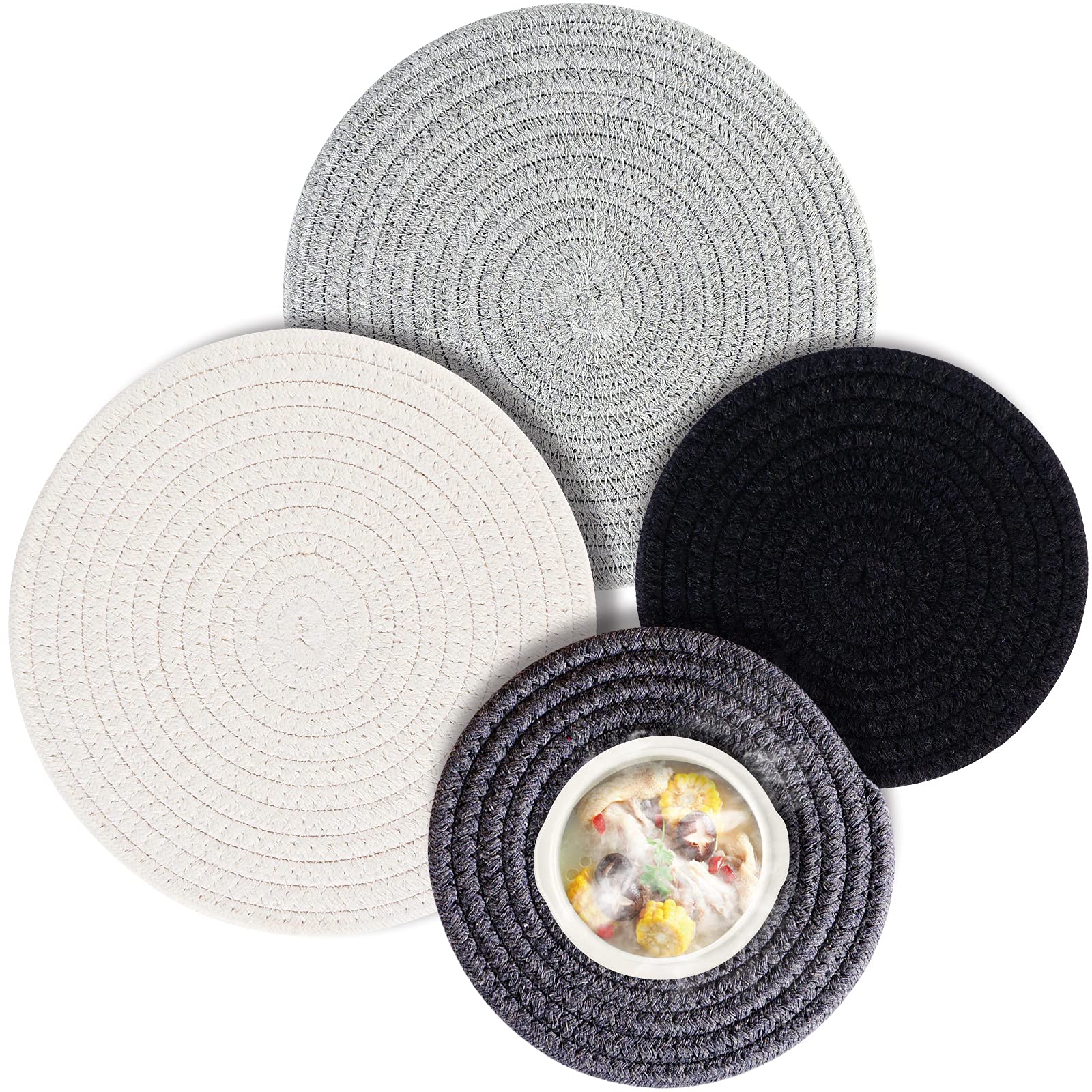 Pot Holders Trivets Set, 4 Pcs 100% Cotton Thread Woven Trivets For Hot Dishes Plates, 7 & 9.5 Inch Heat Resistant Potholders Wo