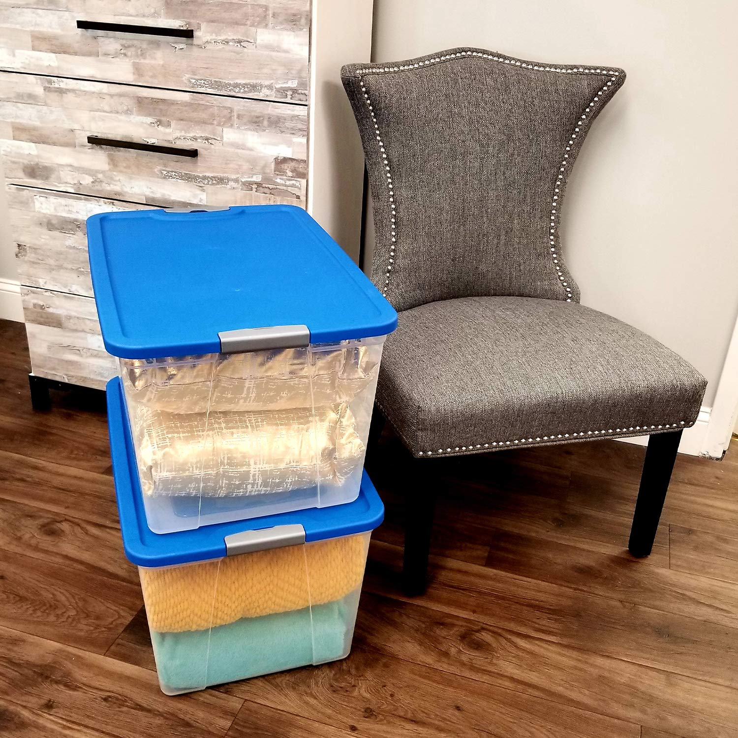 Homz 2-Pack Plastic Storage Bins W/Lids, Stackable Totes, 64 Quart, Clear/Blue