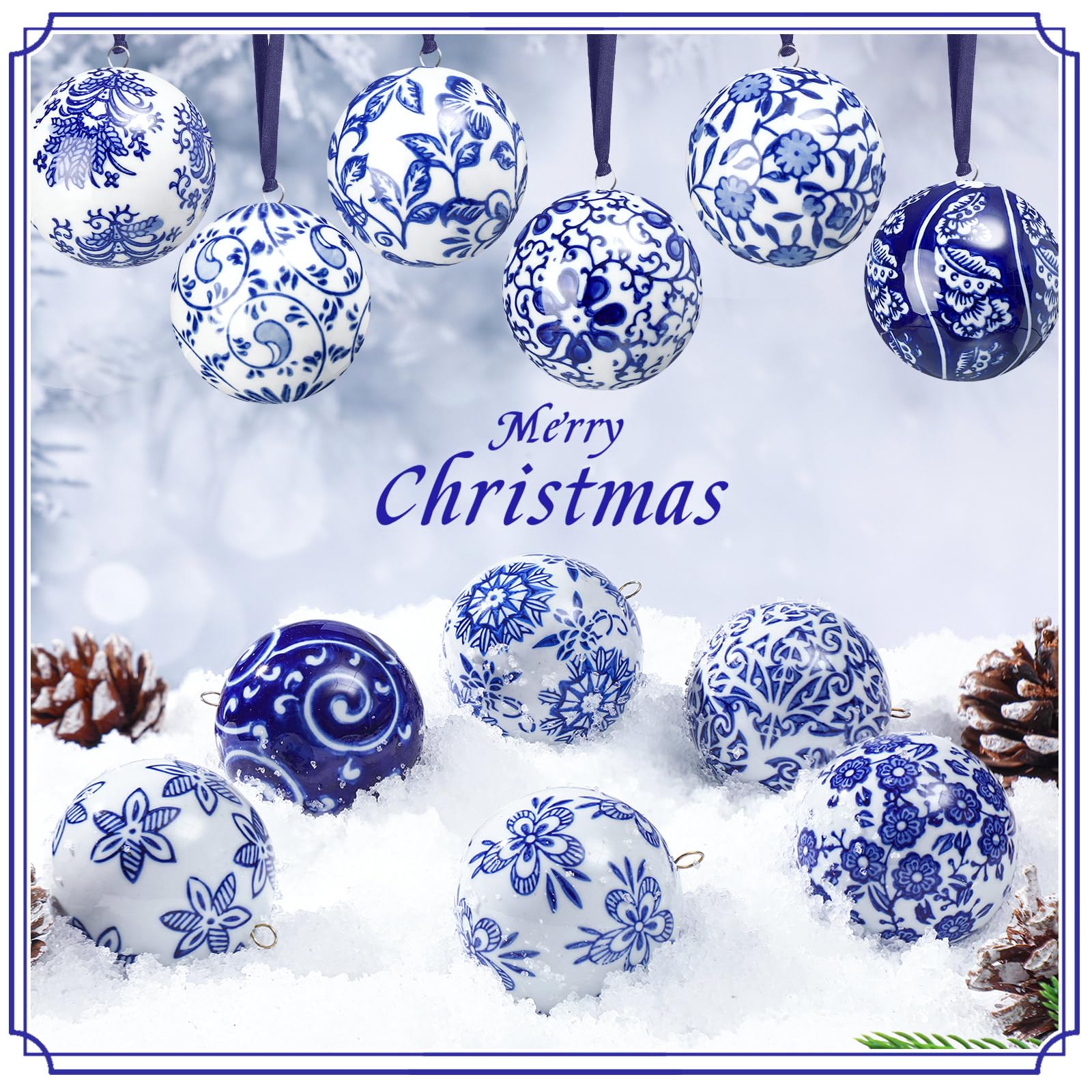 Cindeer 12 Pcs Blue and White Christmas Porcelain Balls 2.4 Inch Porcelain Chinoiserie Ornament Bulk Christmas Ceramic Hanging D