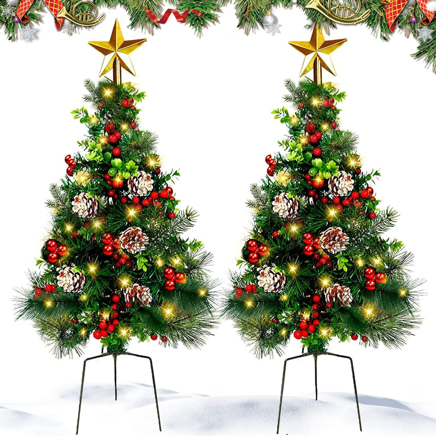 2 Pack 2.7FT Outdoor Christmas Trees,Pre-Lit Christmas Decoration Pathway Artificial Xmas Trees,Battery Operated Urn Filler Entr
