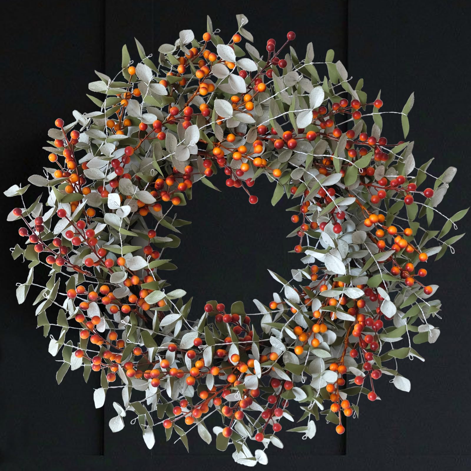 Egolot 22 Inch Boxwood Orange Berries Wreath for Front Door, Fall Door Wreath for Indoor Outdoor, Soft Touch Greenery with Yello