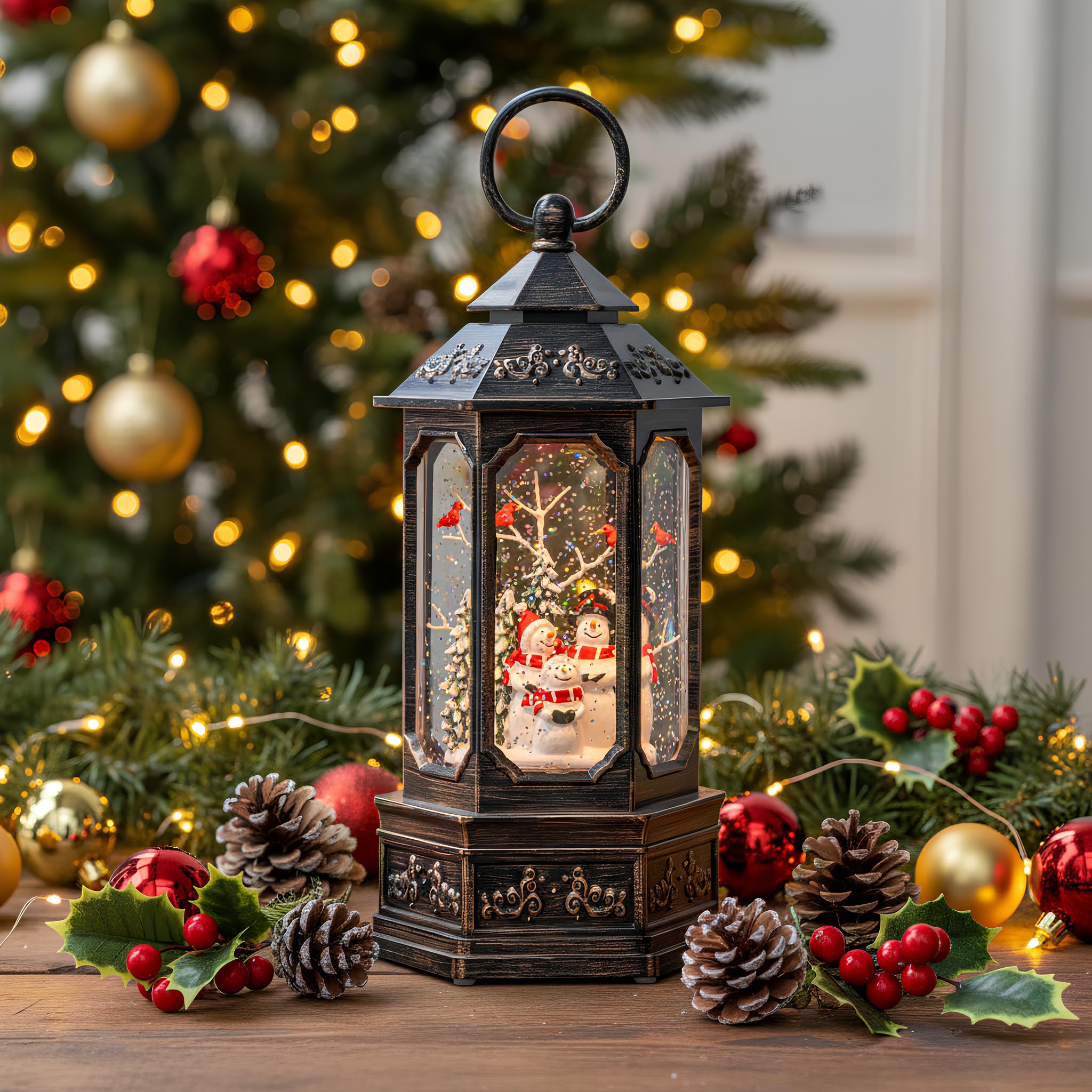 Christmas Snowman Choir Snow Globe Lantern with Swirling Glitter, USB Lined/Battery Operated Lighted Musical Snowman Carolers Wa