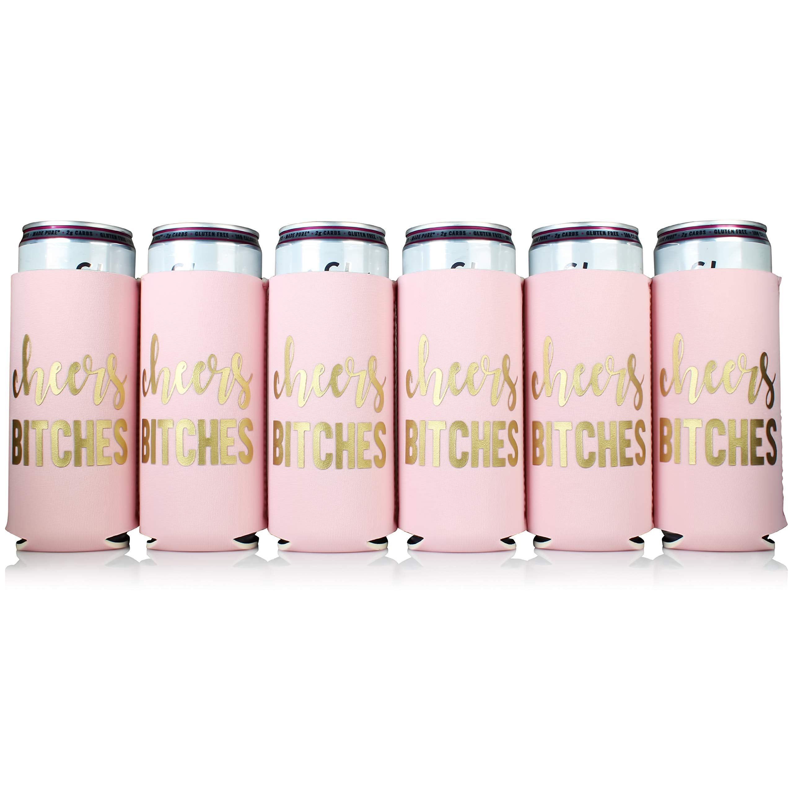 Bachelorette Party Decorations Slim Can Coolers - Bridal Party (Pink Cheers, 6)